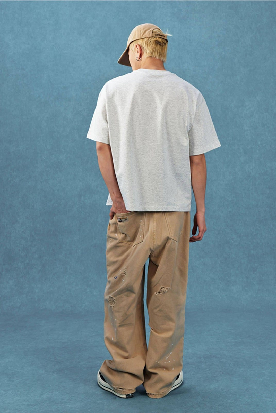 MEDM Letter Embroidery Cotton T Shirt in Gray - On Male Model
