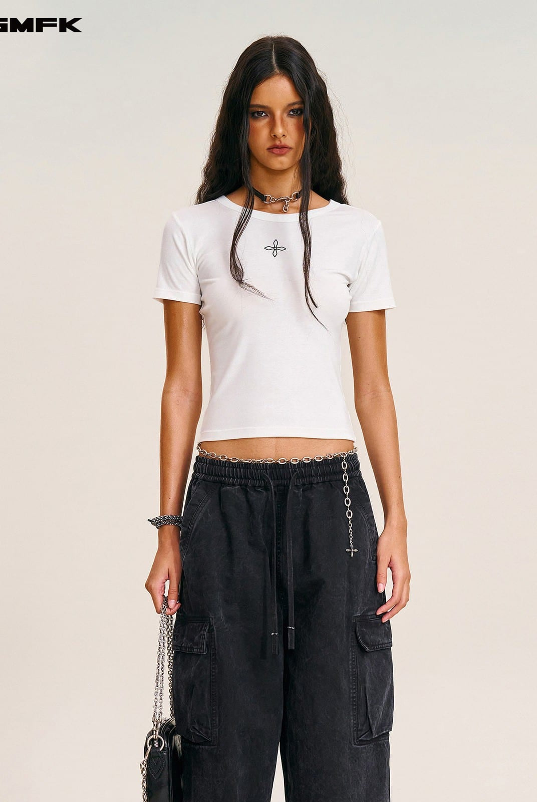 SMFK Acetate Blend Cross Graphic T Shirt in White - On Female Model