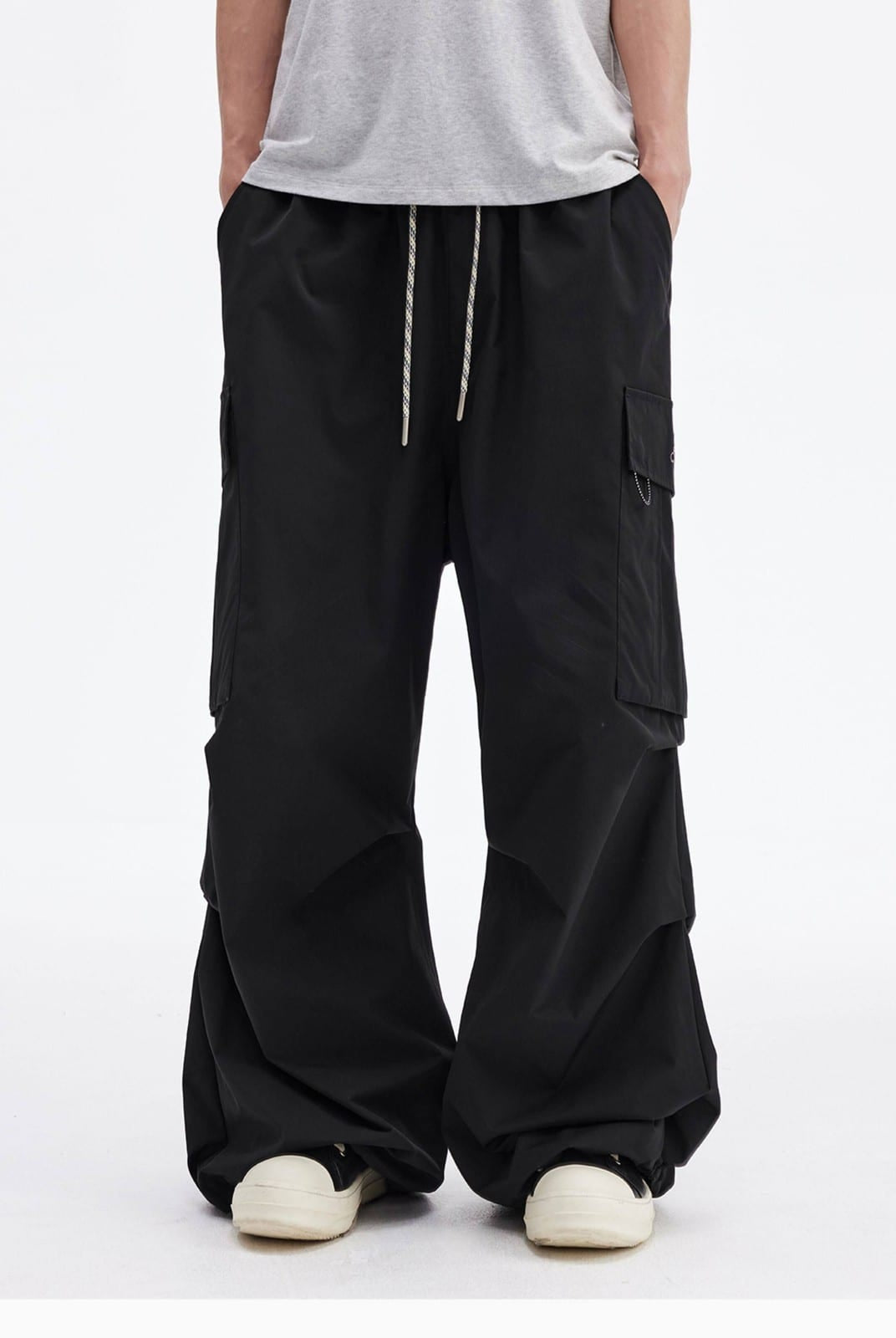 MEDM Multi Pocket Parachute Cargo Pants in Black - On Model