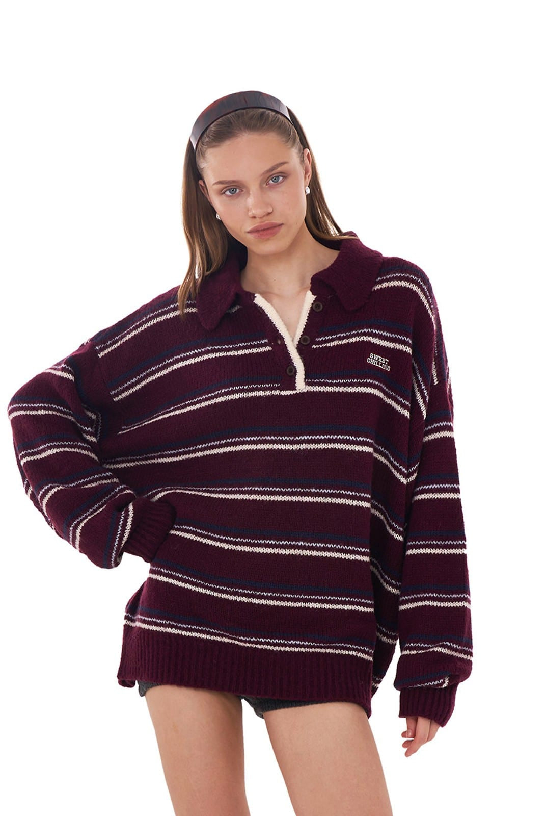 SweetChilling Striped Lambswool Blend Polo Sweater in Red - On Female Model