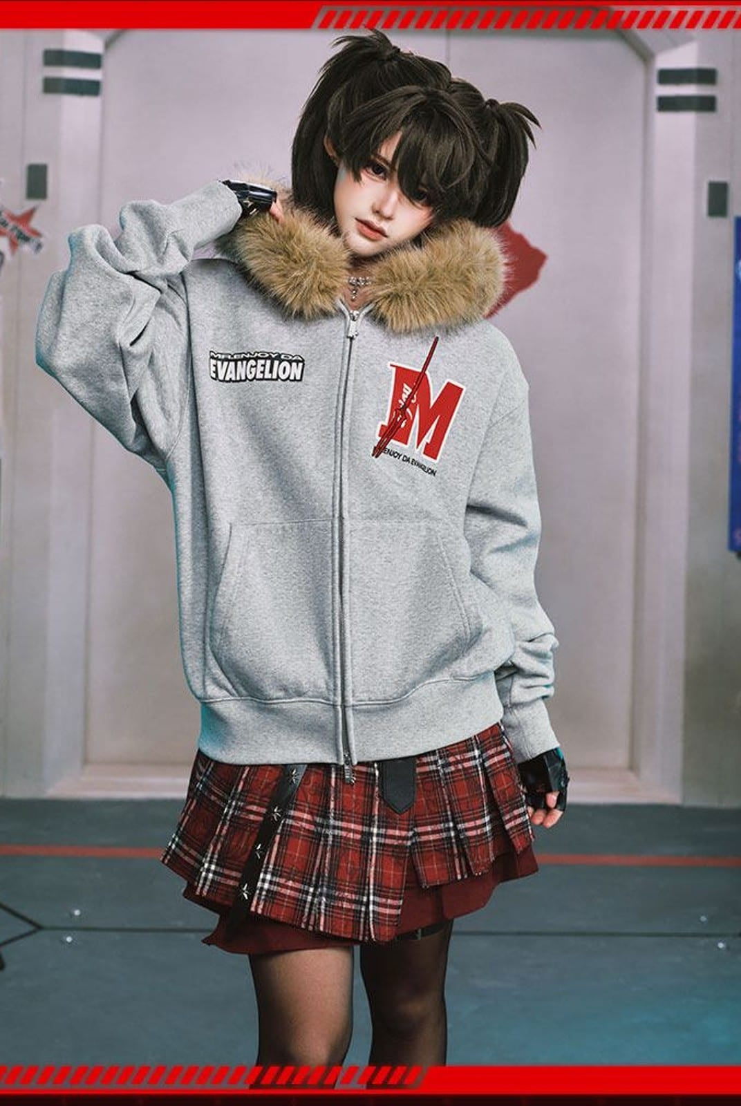 MEDM Faux Fur Trimmed Graphic Zip Hoodie in Gray - On Female Model