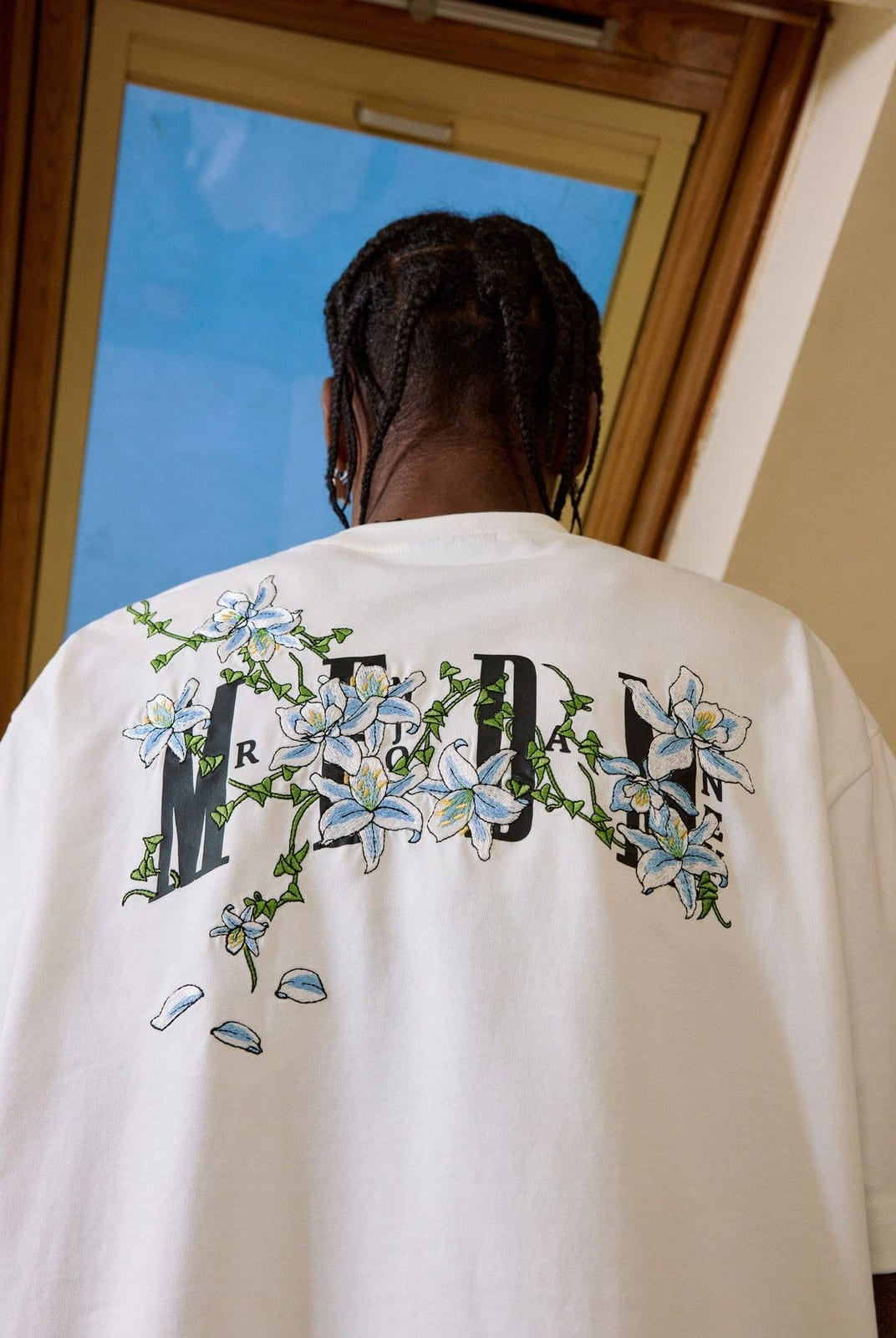MEDM Floral Vine Embroidered T Shirt in White - On Model
