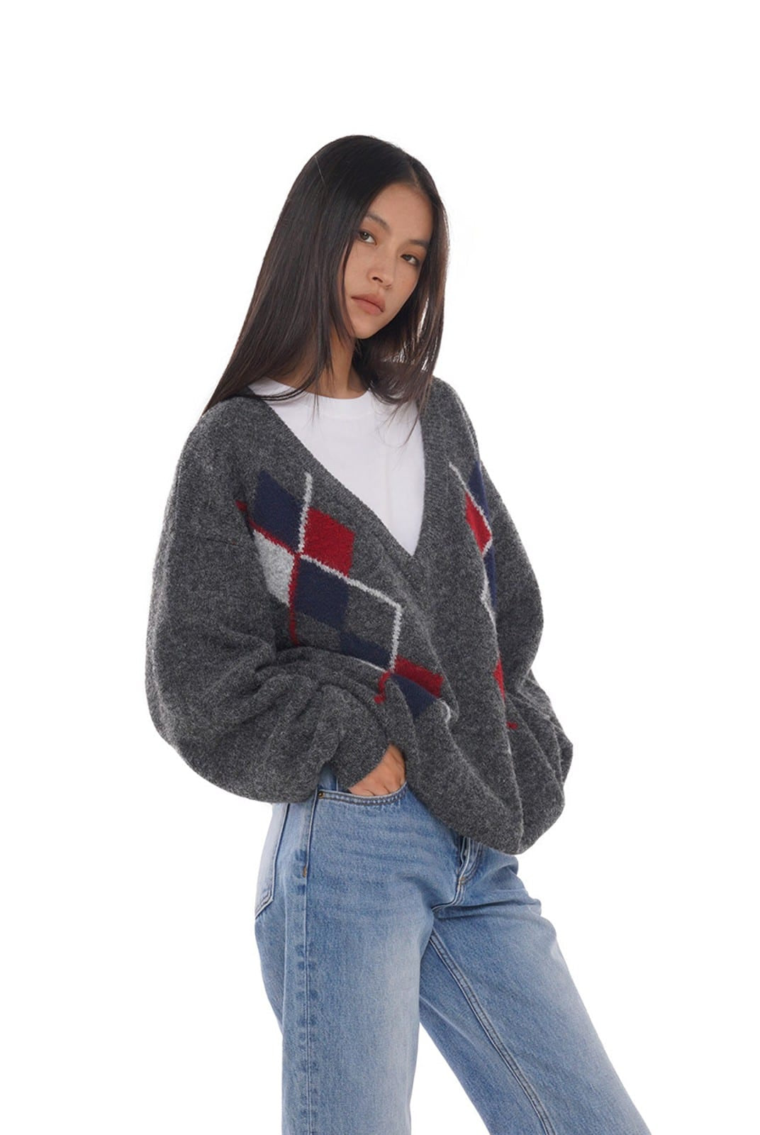 SweetChilling Argyle Jacquard V Neck Sweater in Gray - On Female Model