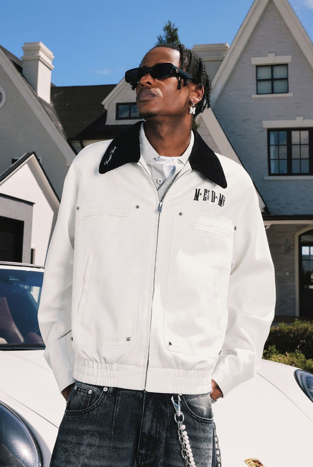 MEDM Embroidered Harrington Jacket in White - On Male Model