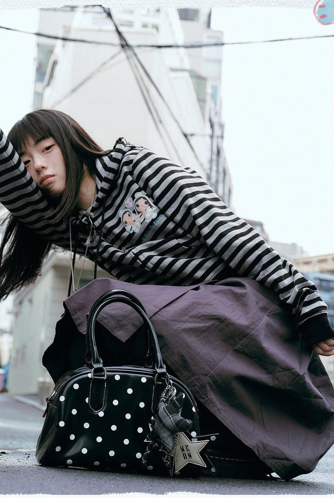 MEDM Cropped Striped Applique Zip Hoodie in Black - On Female Model