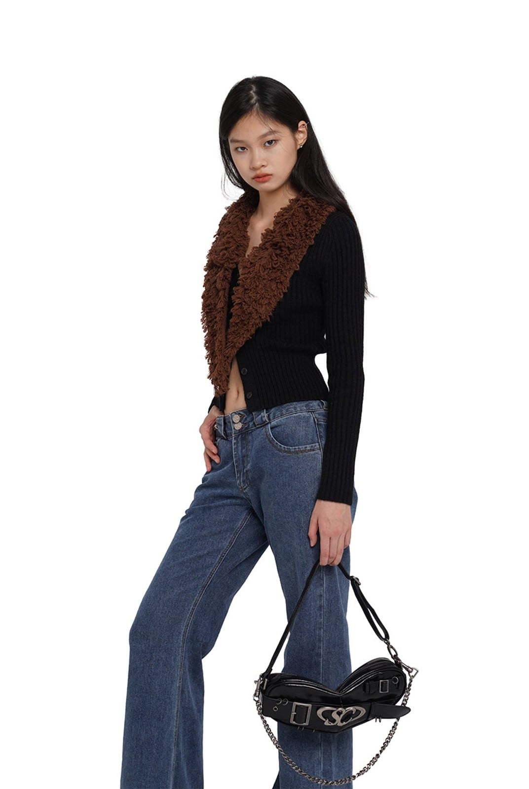 SweetChilling Leather Heart Buckle Chain Bag in Black - On Female Model