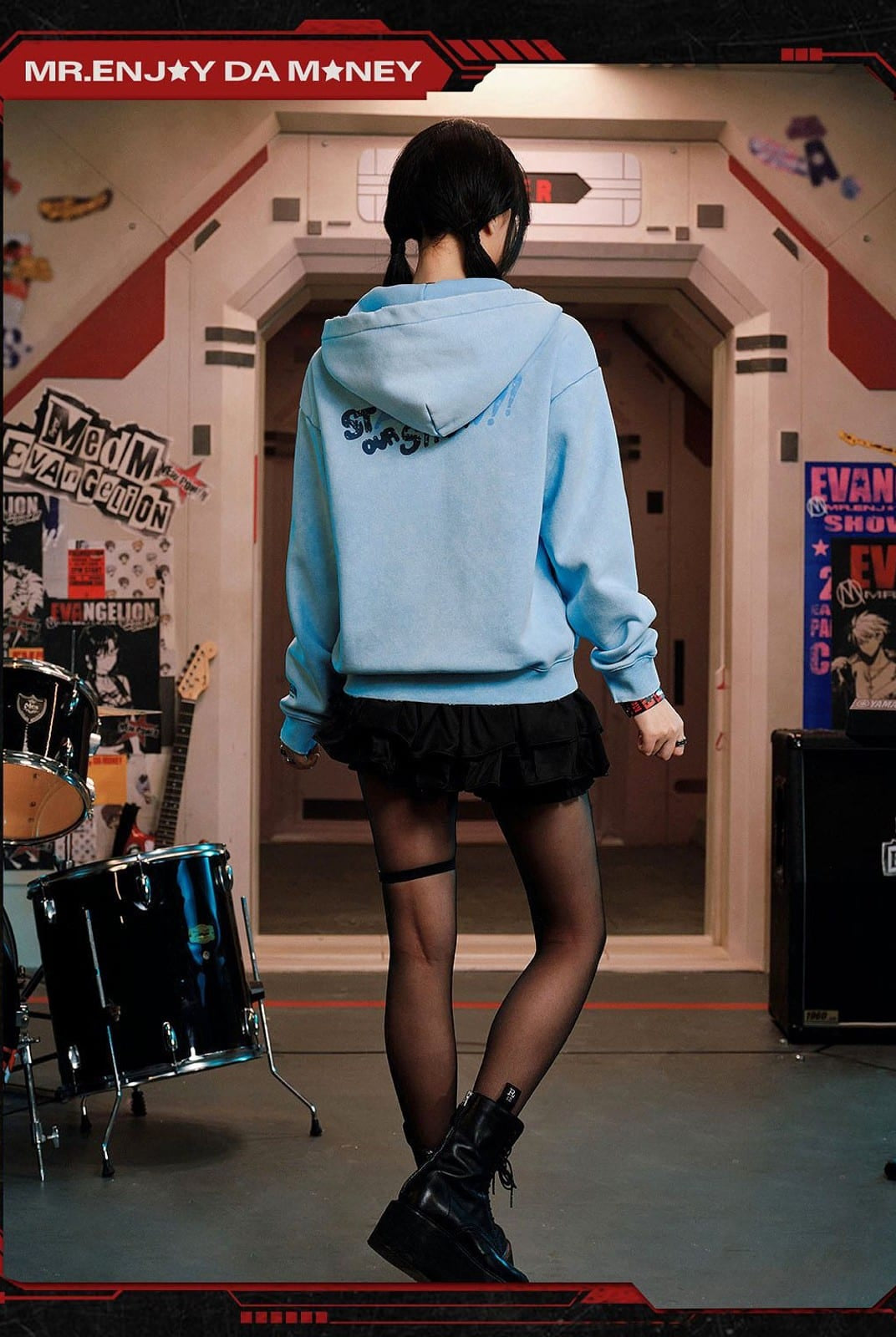 MEDM Evangelion Distressed Zip Up Hoodie in Sky Blue - On Female Model