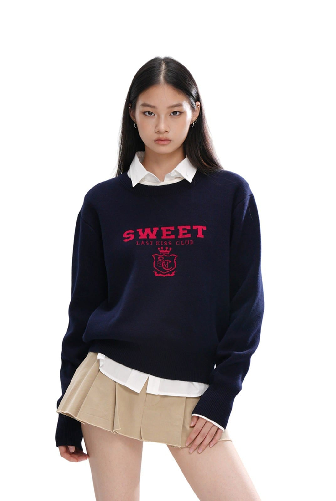 SweetChilling Layered Look Jacquard Crewneck Sweater in Navy Blue - On Female Model