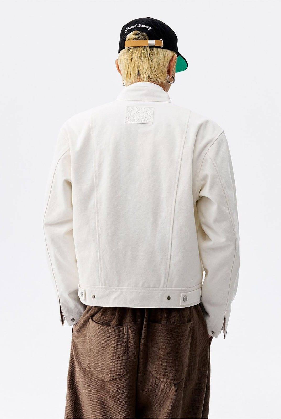 MEDM Plaid Collar Cotton Zip Up Jacket in White - On Model