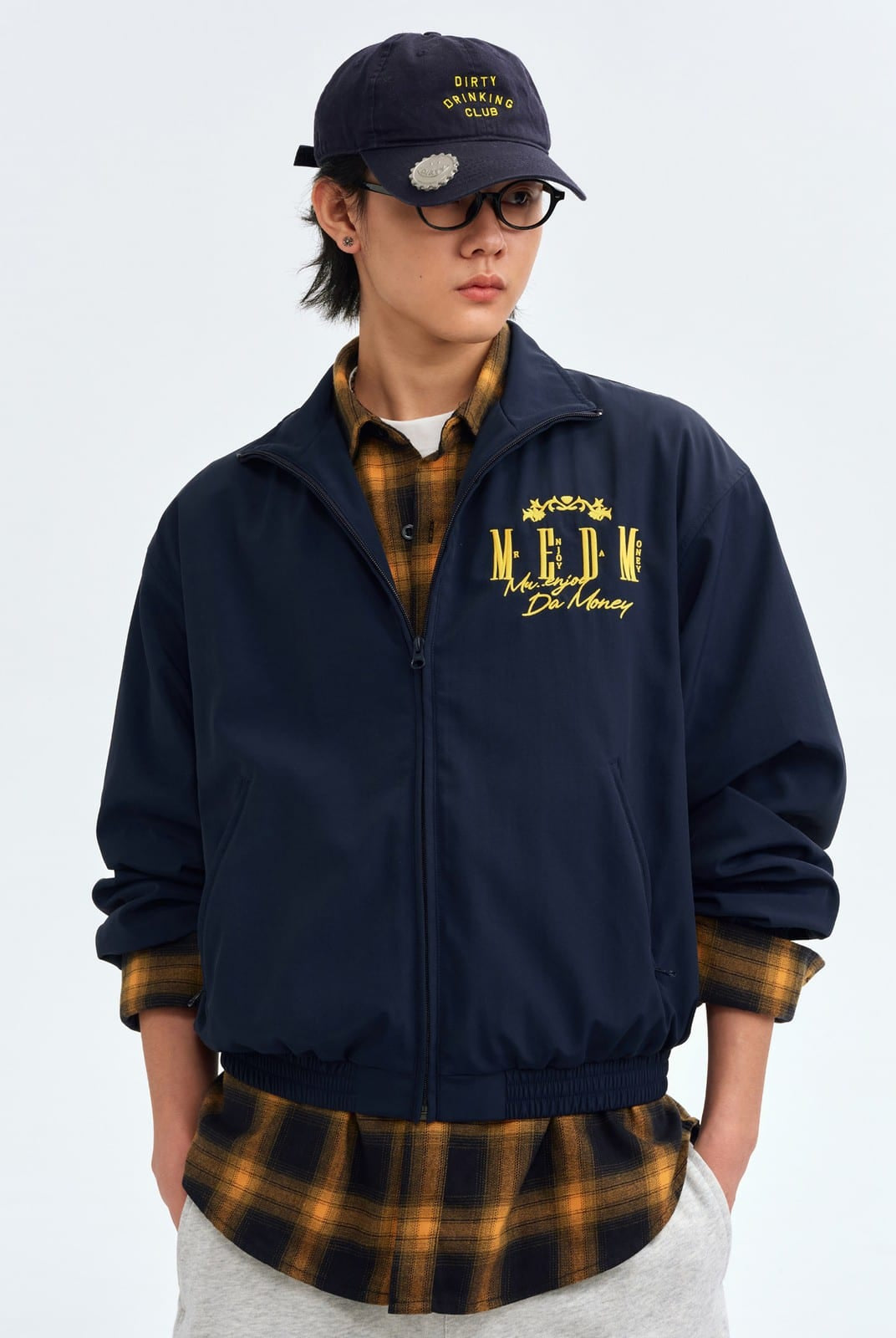 MEDM Nylon Stand Collar Coach Jacket in Navy Blue - On Male Model