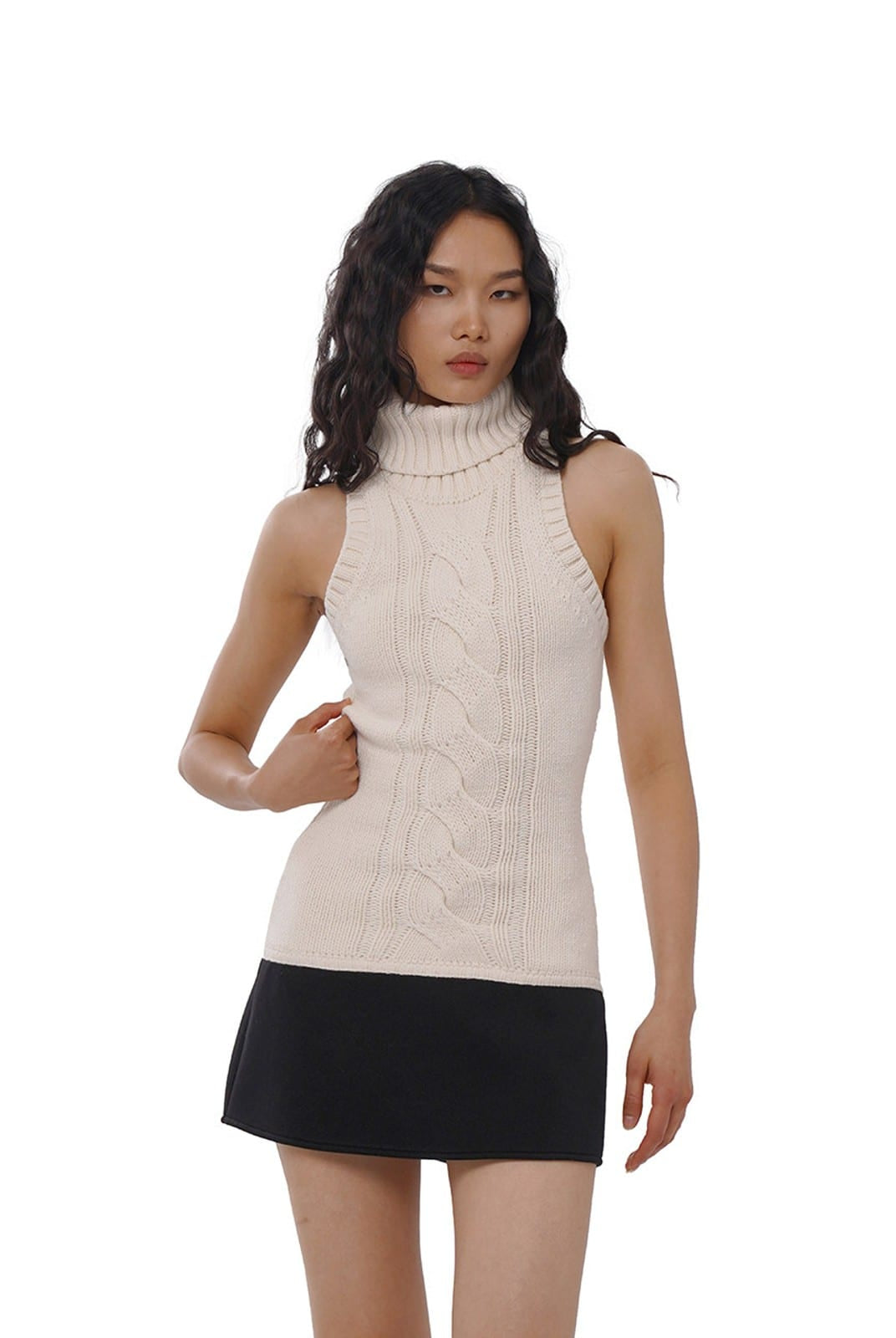 SweetChilling Paneled Cable Knit Turtleneck Dress in White - On Female Model