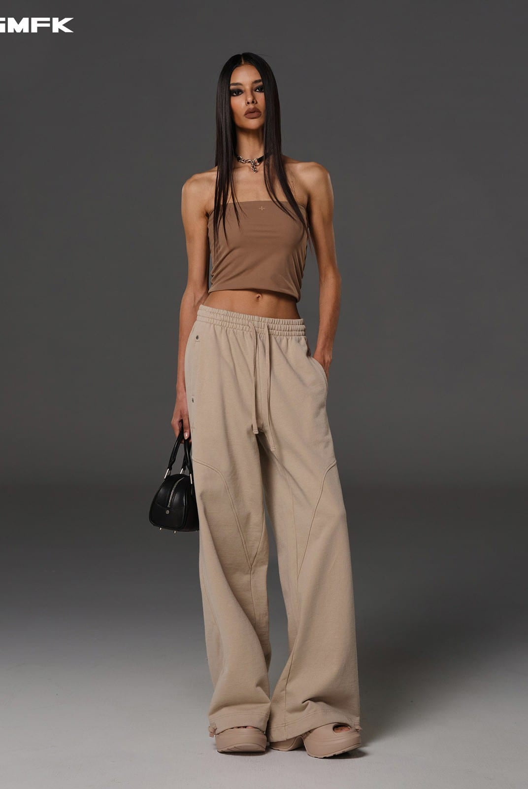 SMFK Cotton Wool Flared Sweatpants in Beige - On Female Model
