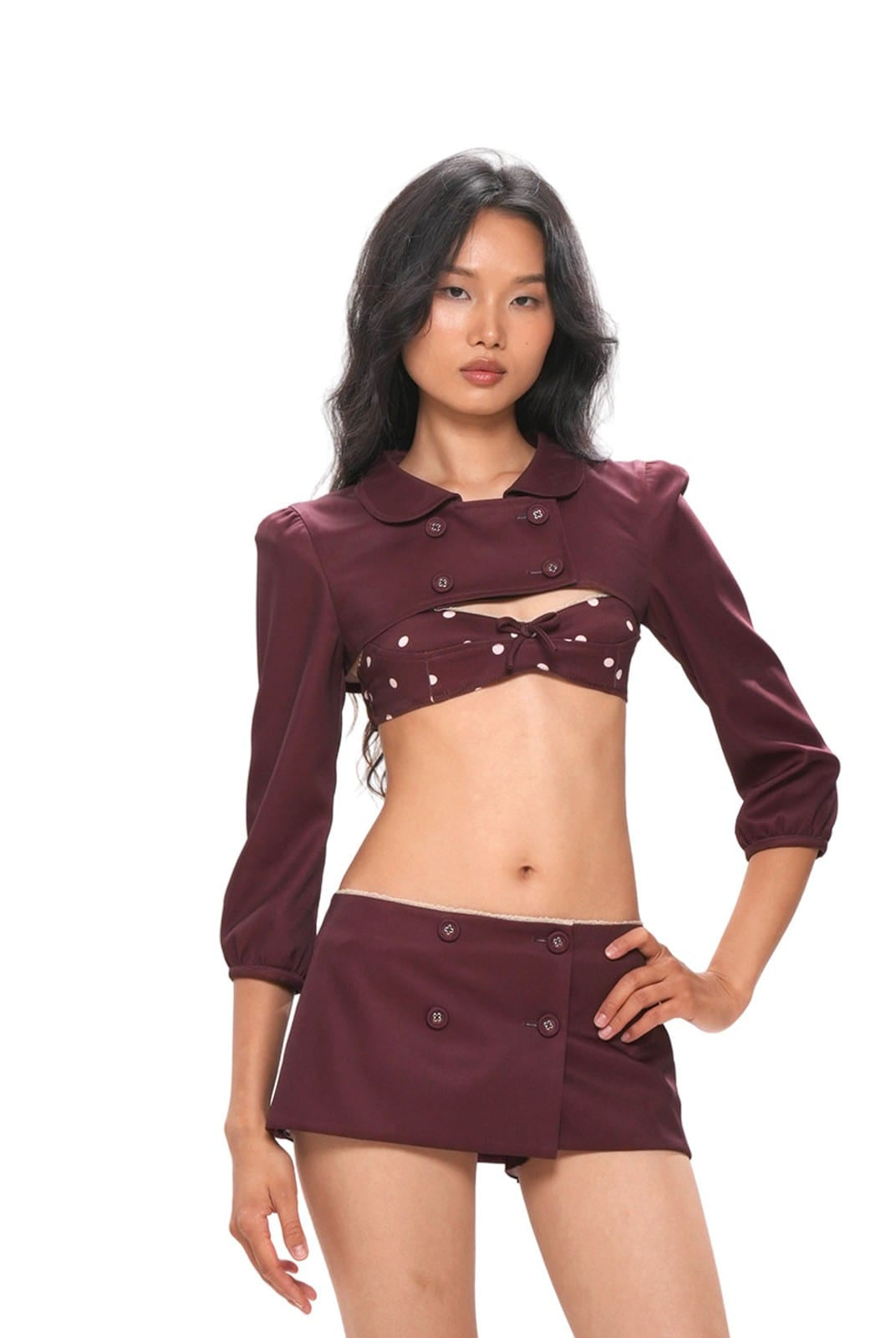 SweetChilling Double Breasted Polka Dot Mini Skirt in Brown - On Female Model