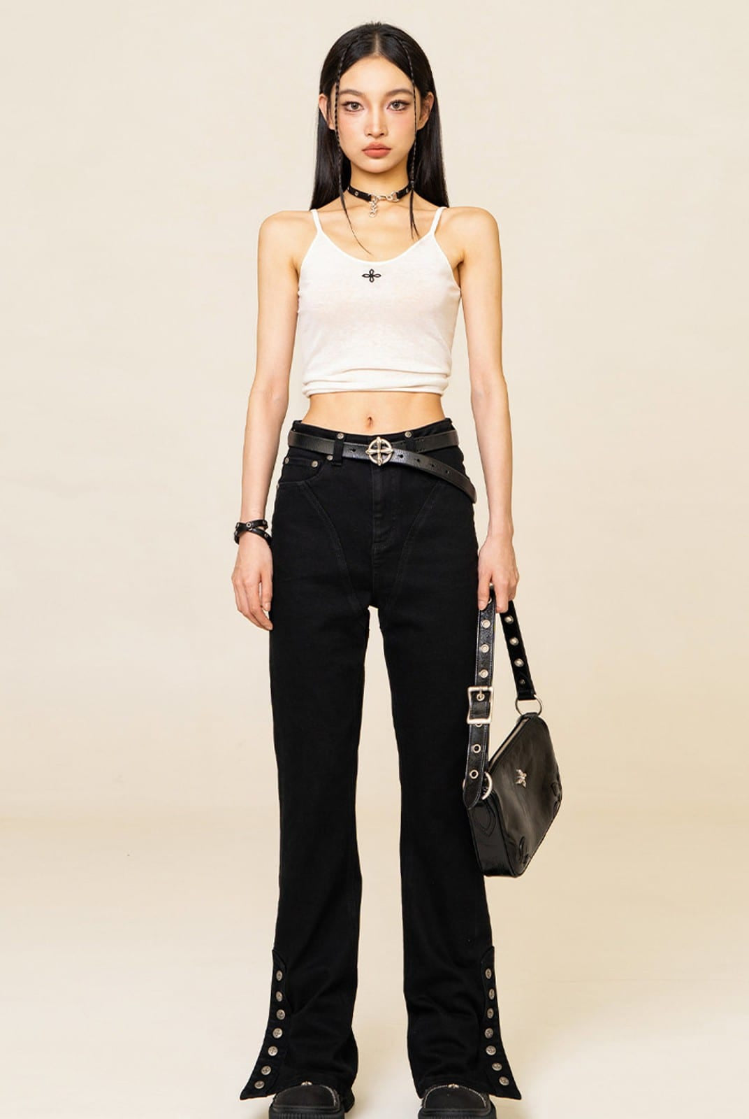 SMFK High Stretch Biker Flare Jeans in Black - On Female Model