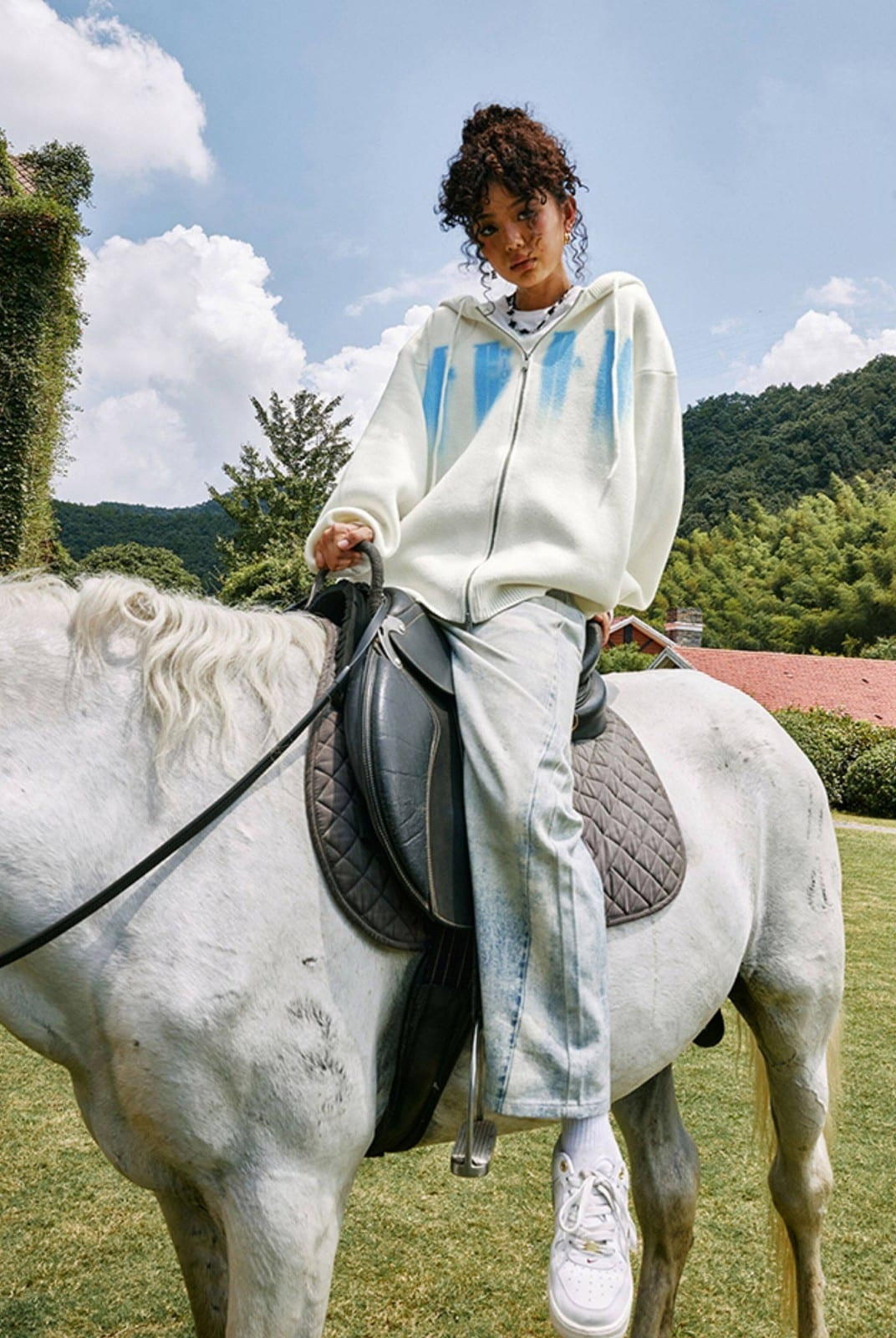 MEDM Zip Up Hooded Knit Cardigan in White - On Female Model
