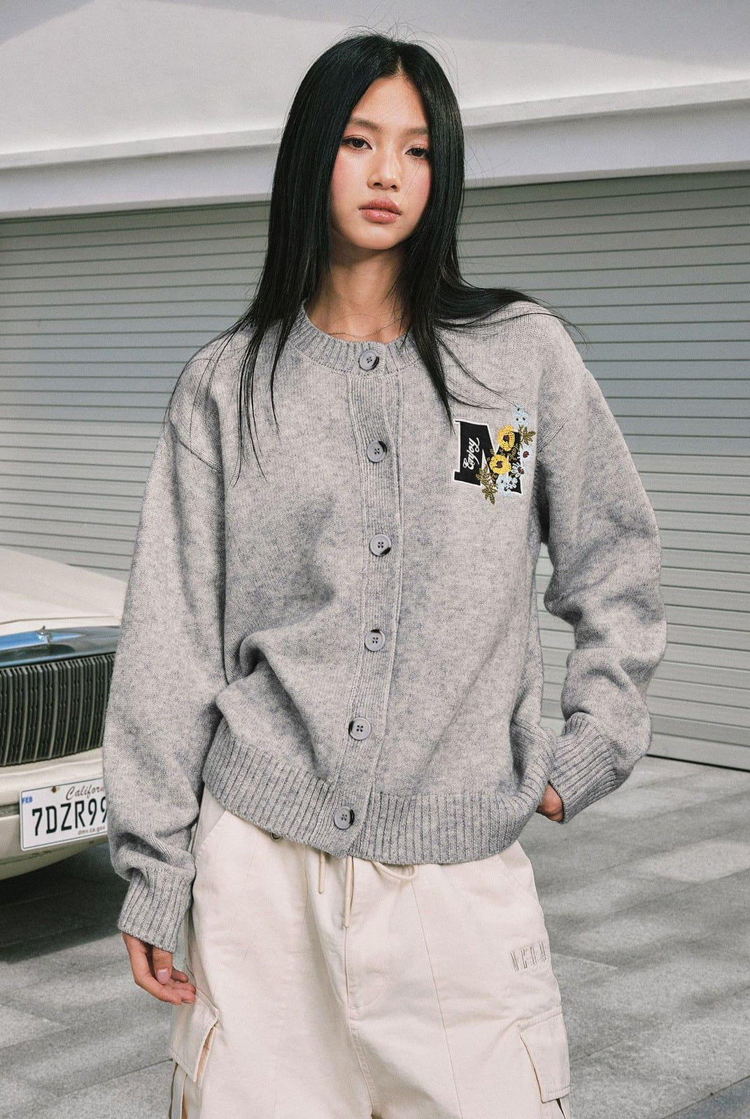 MEDM Floral Embroidered Knit Cardigan in Gray - On Female Model