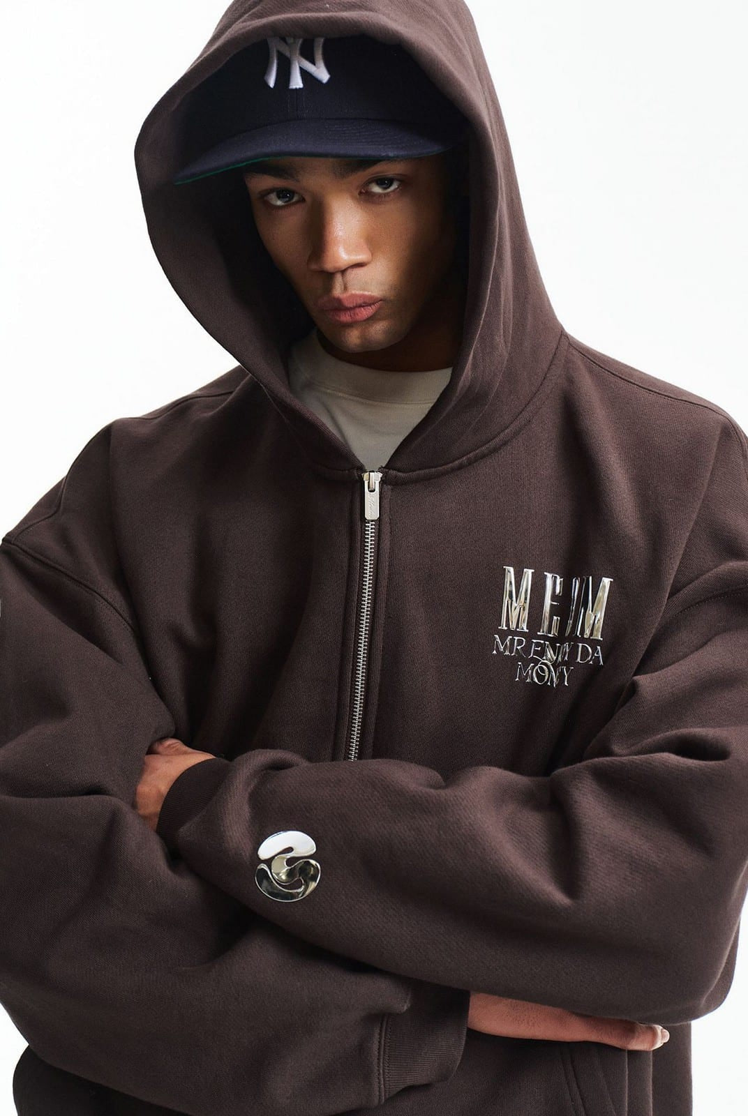 MEDM 3D Logo Two Way Zip Cotton Hoodie in Brown - On Male Model