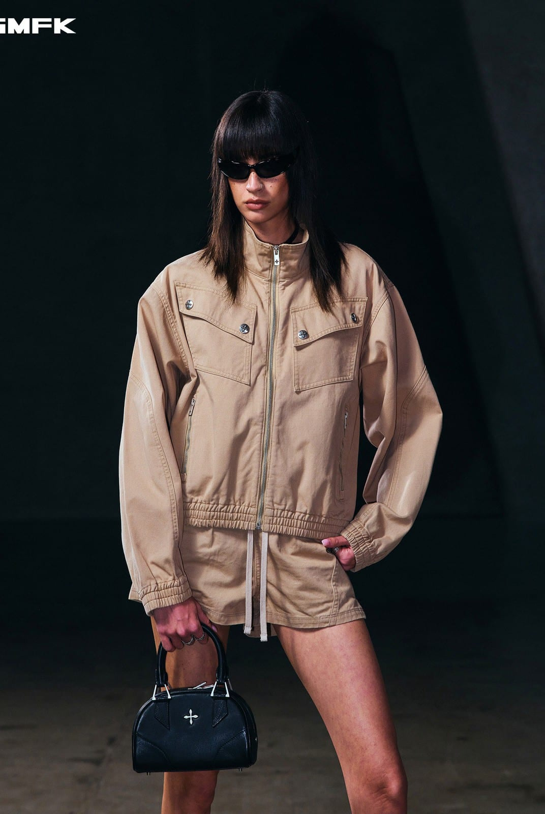 SMFK Cotton Cargo Track Jacket in Beige - On Female Model