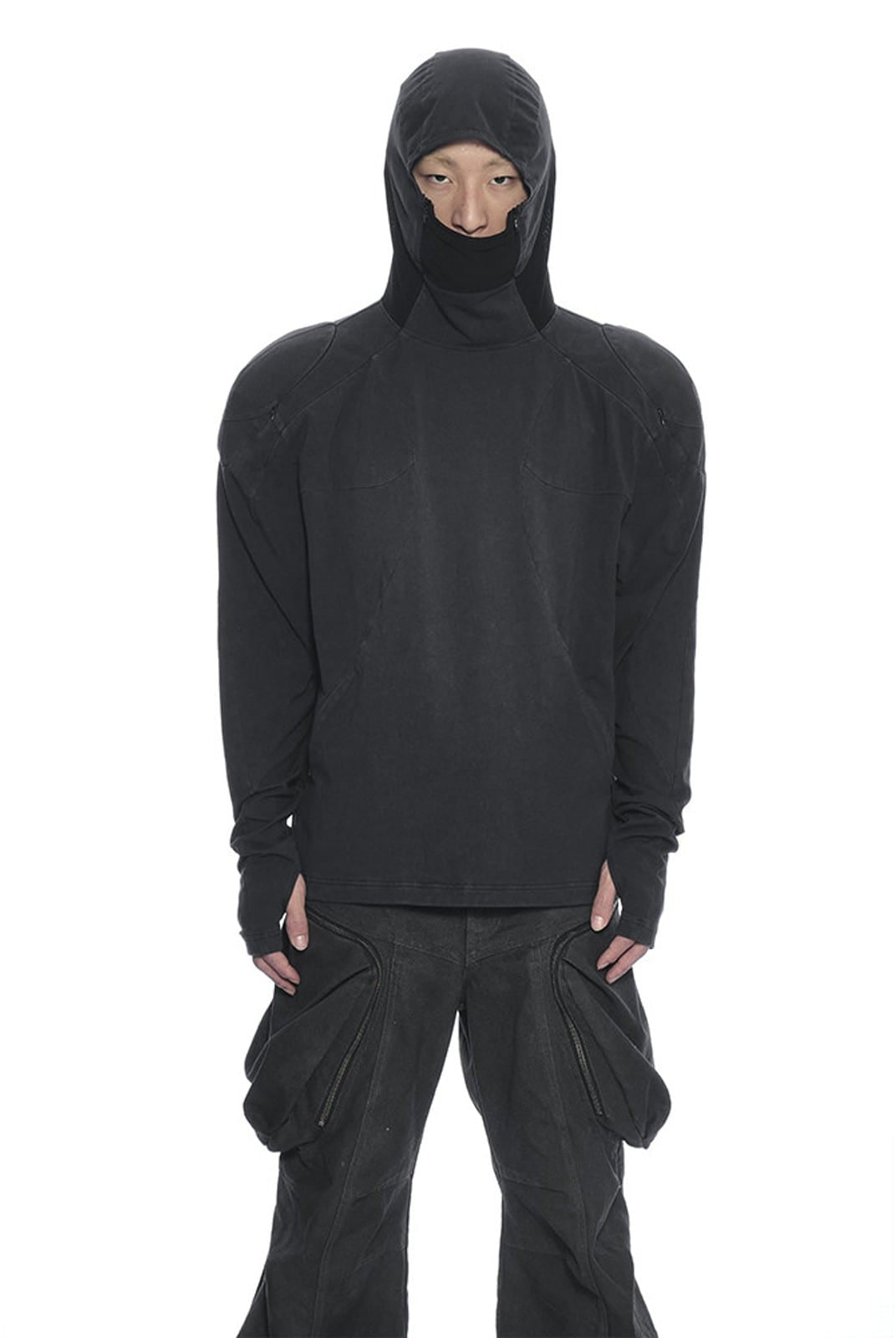 D5ove Hooded Shoulder Pad Pullover in Black - On Male Model