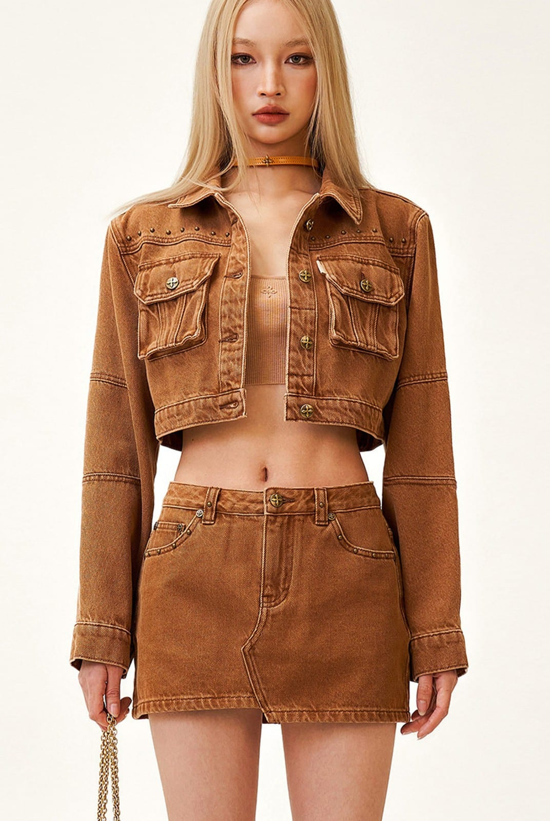 SMFK Vintage Wash Denim Mini Skirt in Brown - On Female Model