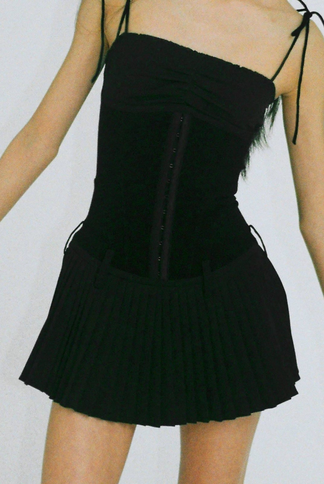 SweetChilling Pleated Paneled Slip Mini Dress in Black - On Female Model
