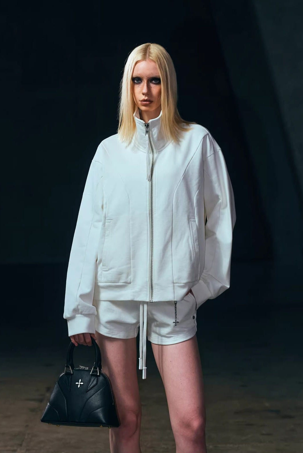 SMFK Cotton Zip Up Track Jacket in White - On Female Model
