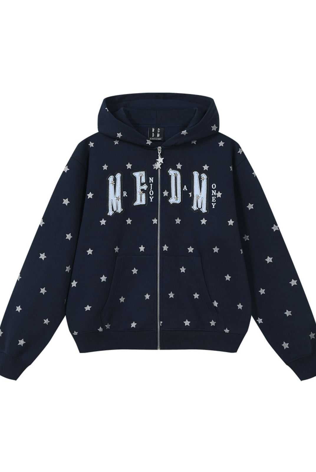 MEDM Fleece Lined Star Print Zip Hoodie in Navy Blue