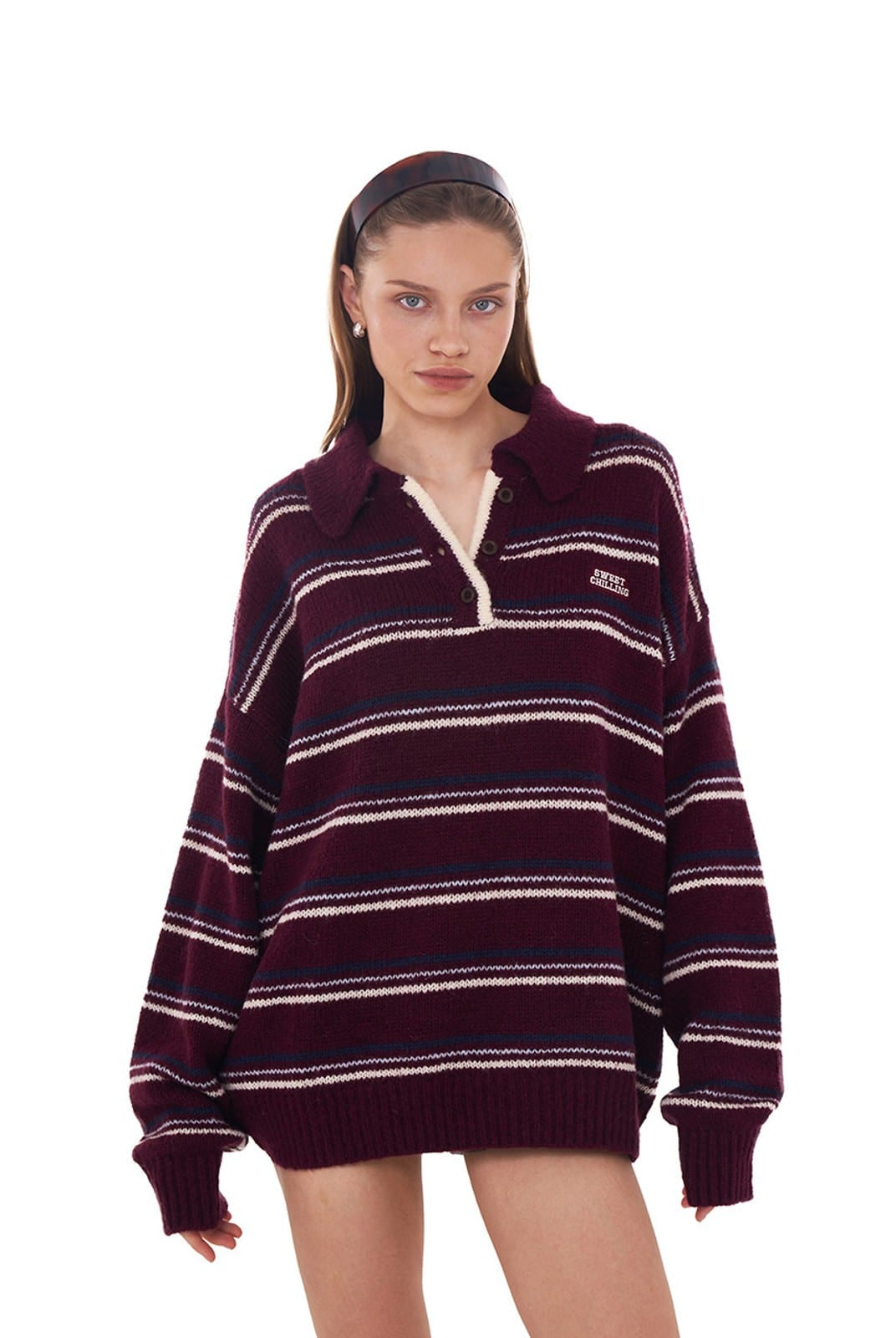 SweetChilling Striped Lambswool Blend Polo Sweater in Red - On Female Model