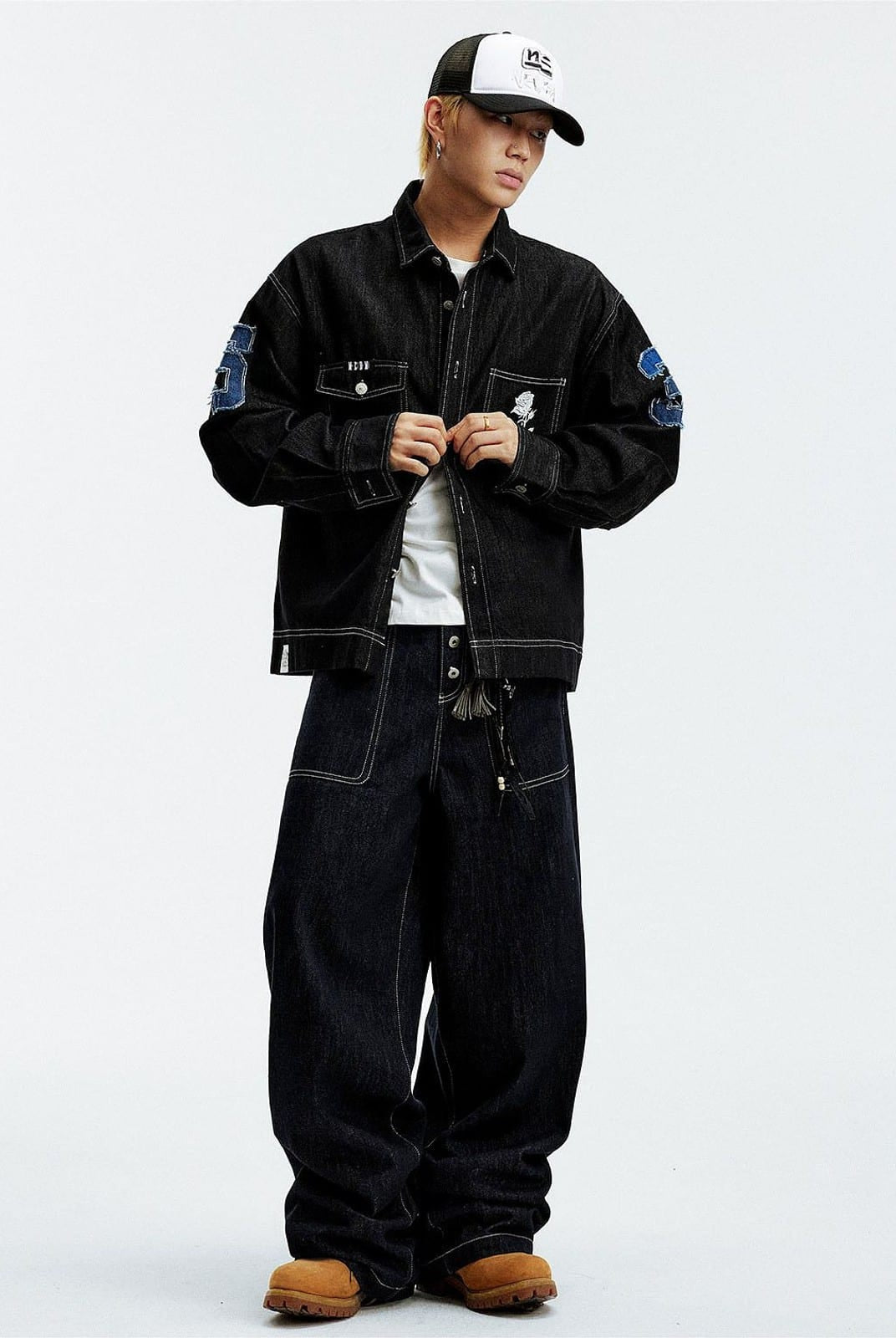 MEDM Lyocell Blend Logo Patch Denim Jacket in Denim - On Male Model