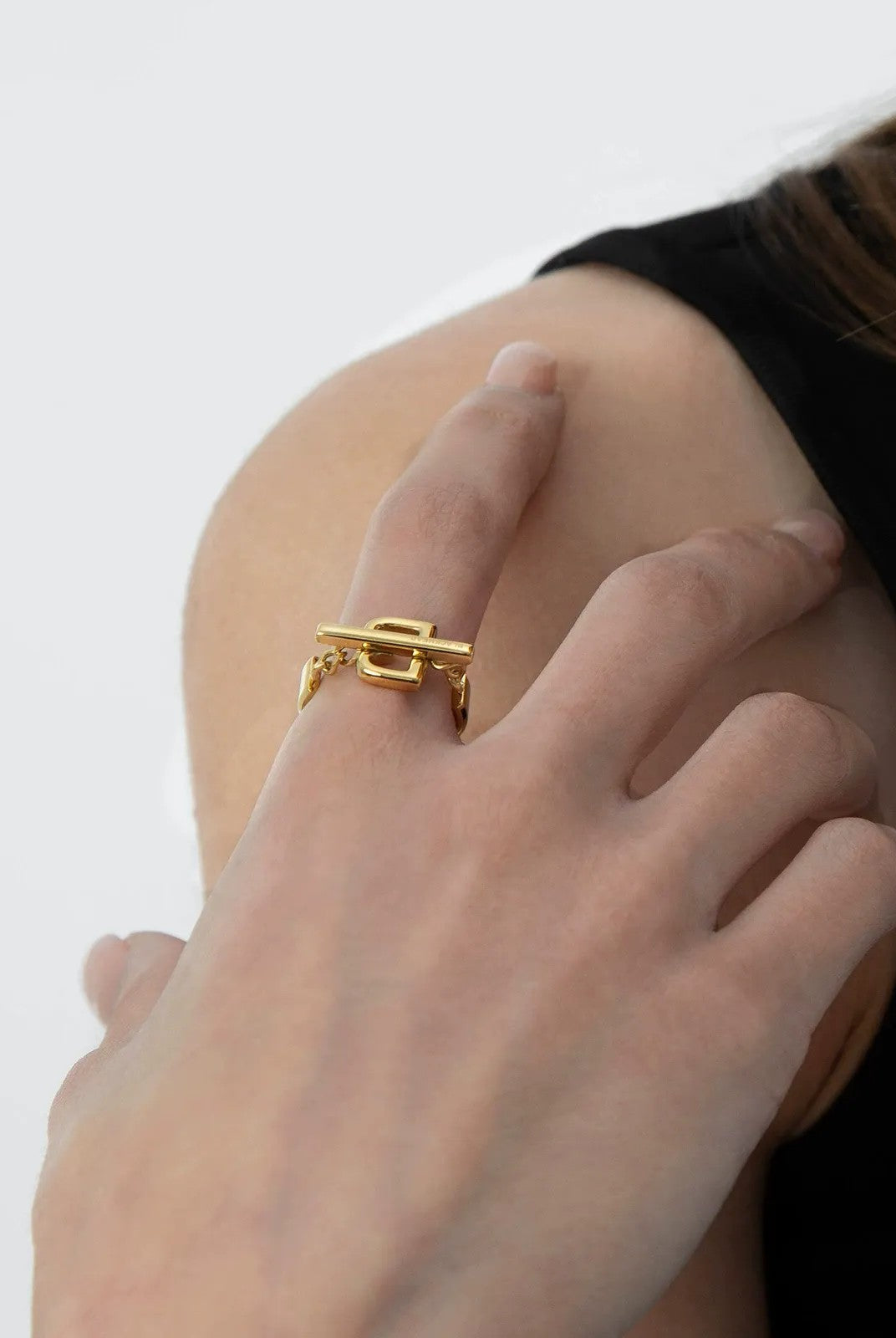 BLACKHEAD Structural Letter B Ring in Yellow - On Female Model