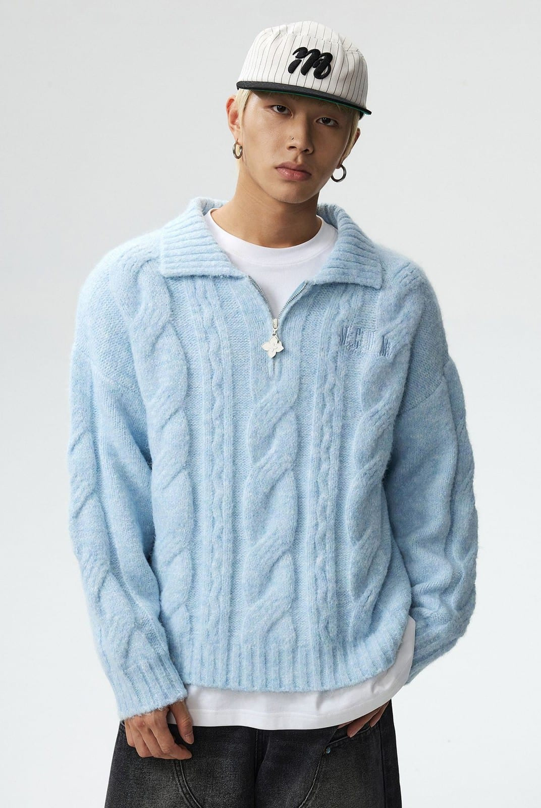 MEDM Cable Knit Quarter Zip Sweater in Sky Blue - On Male Model