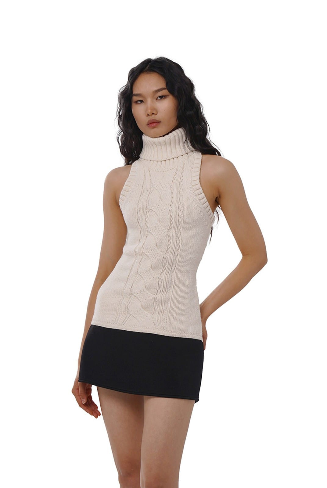 SweetChilling Paneled Cable Knit Turtleneck Dress in White - On Female Model