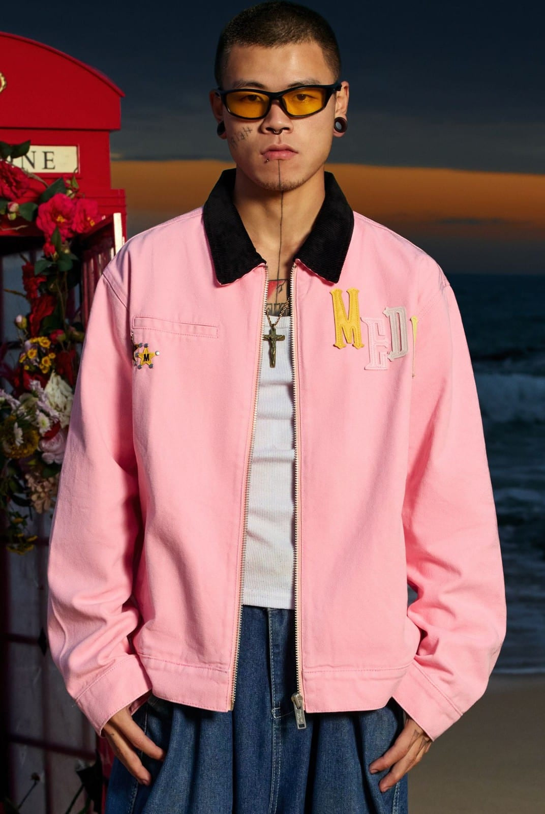 MEDM Leather Paneled Cotton Detroit Jacket in Pink - On Male Model
