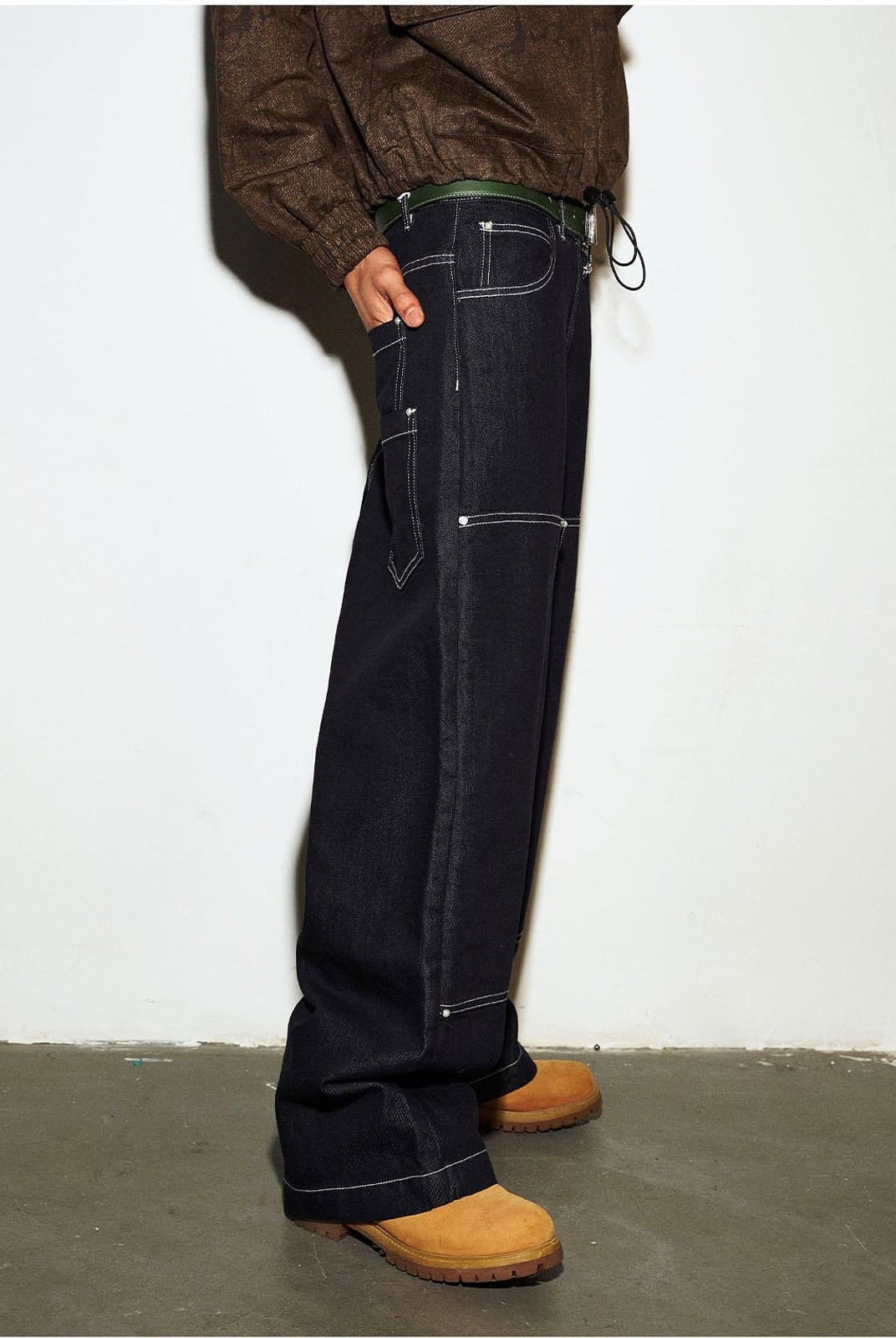 MEDM Contrast Stitch Denim Cargo Jeans in Navy Blue - On Model