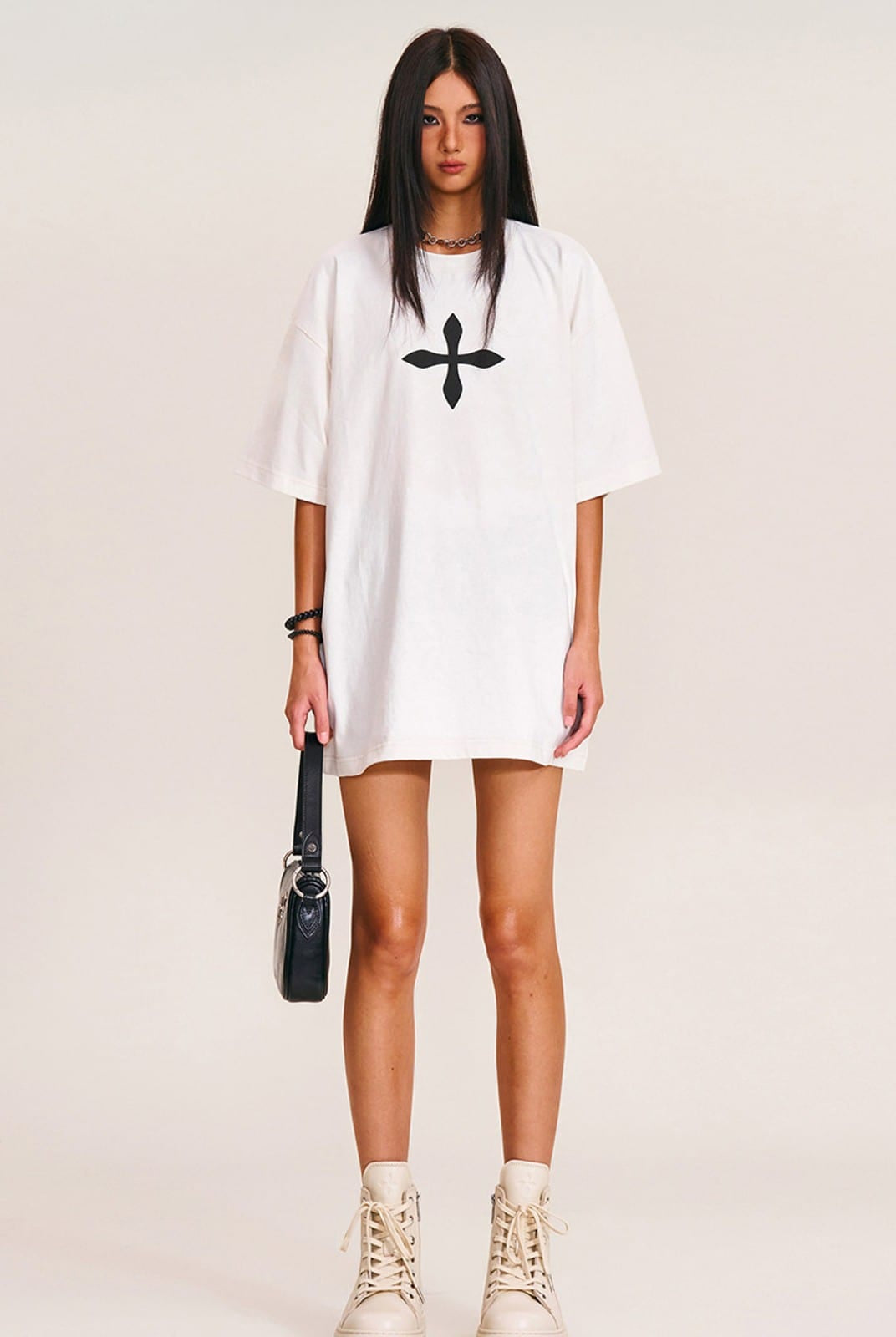 SMFK Cross Graphic 100 Cotton T Shirt in White - On Female Model