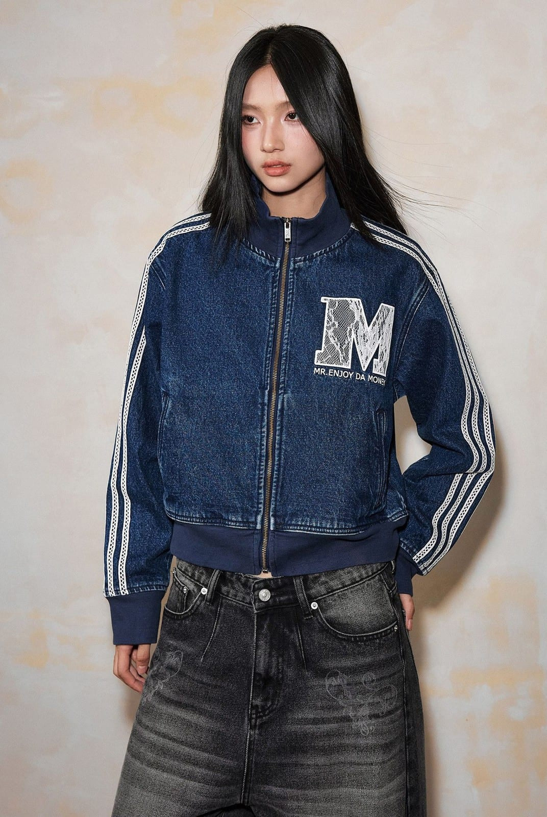 MEDM Lace Trim Stand Collar Denim Jacket in Denim - On Female Model