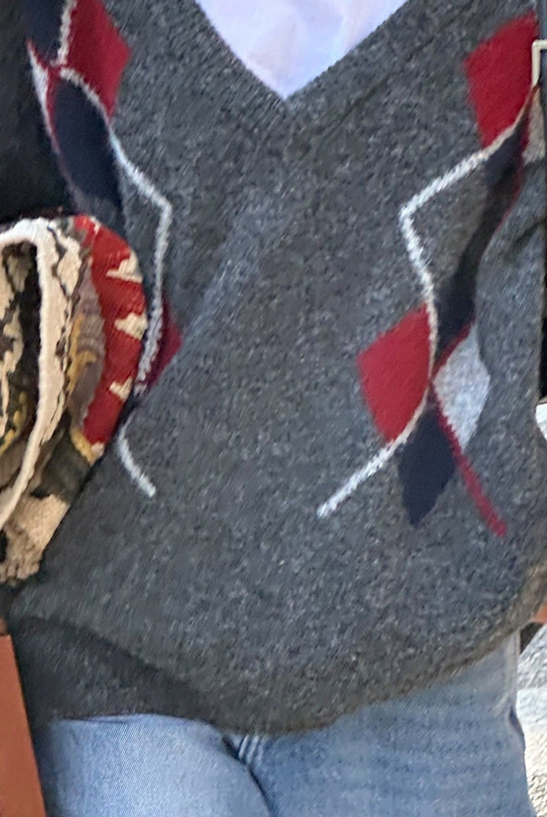 SweetChilling Argyle Jacquard V Neck Sweater in Gray - On Model