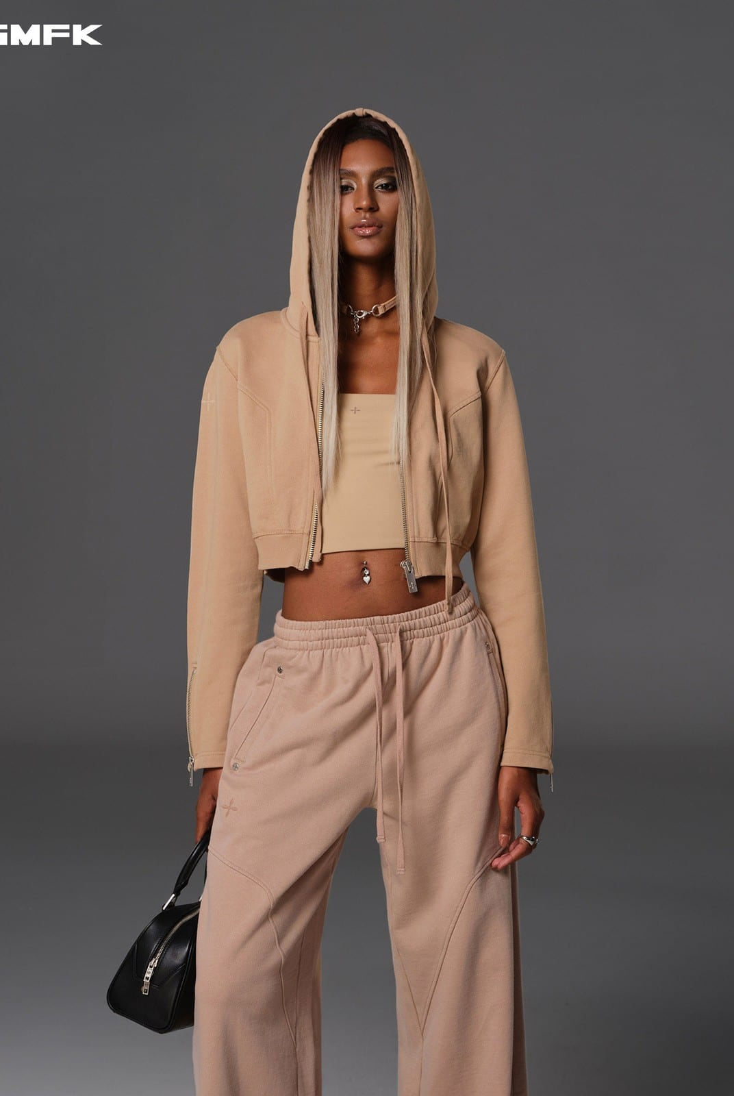 SMFK Cotton Wool Blend Cropped Zip Up Hoodie in Beige - On Female Model