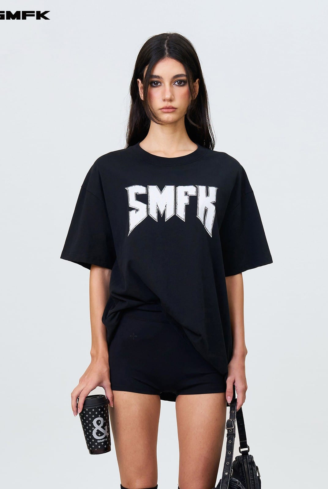SMFK Metallic Logo Cotton T Shirt in Black - On Female Model