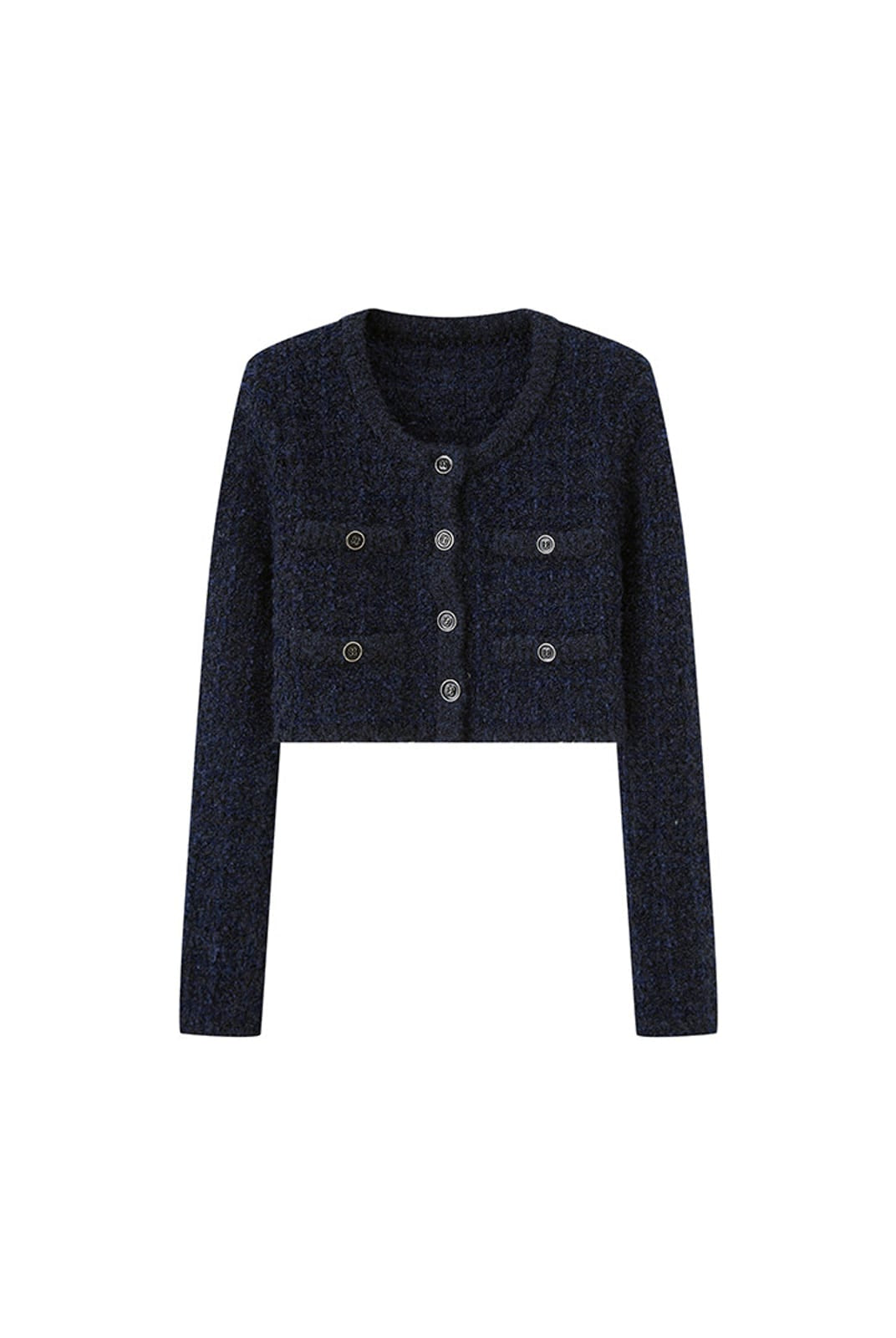 SweetChilling Textured Cropped Crew Neck Cardigan in Navy Blue
