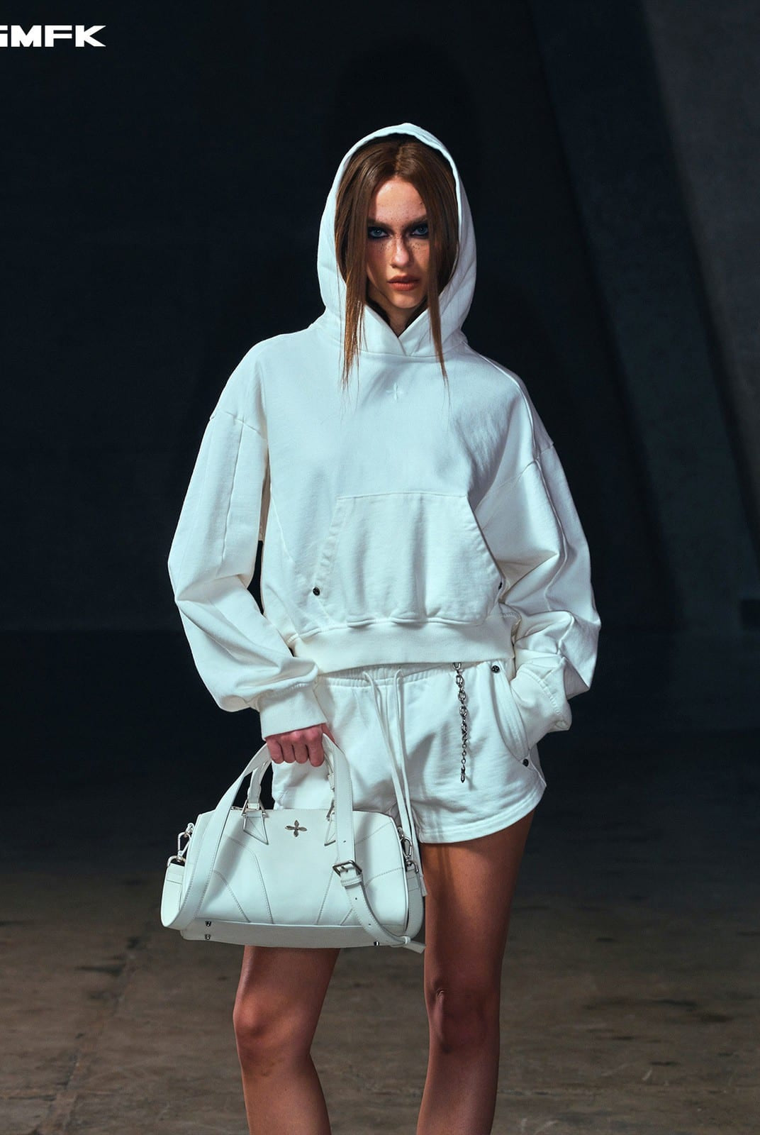 SMFK Meditation Cropped Cotton Hoodie in White - On Female Model