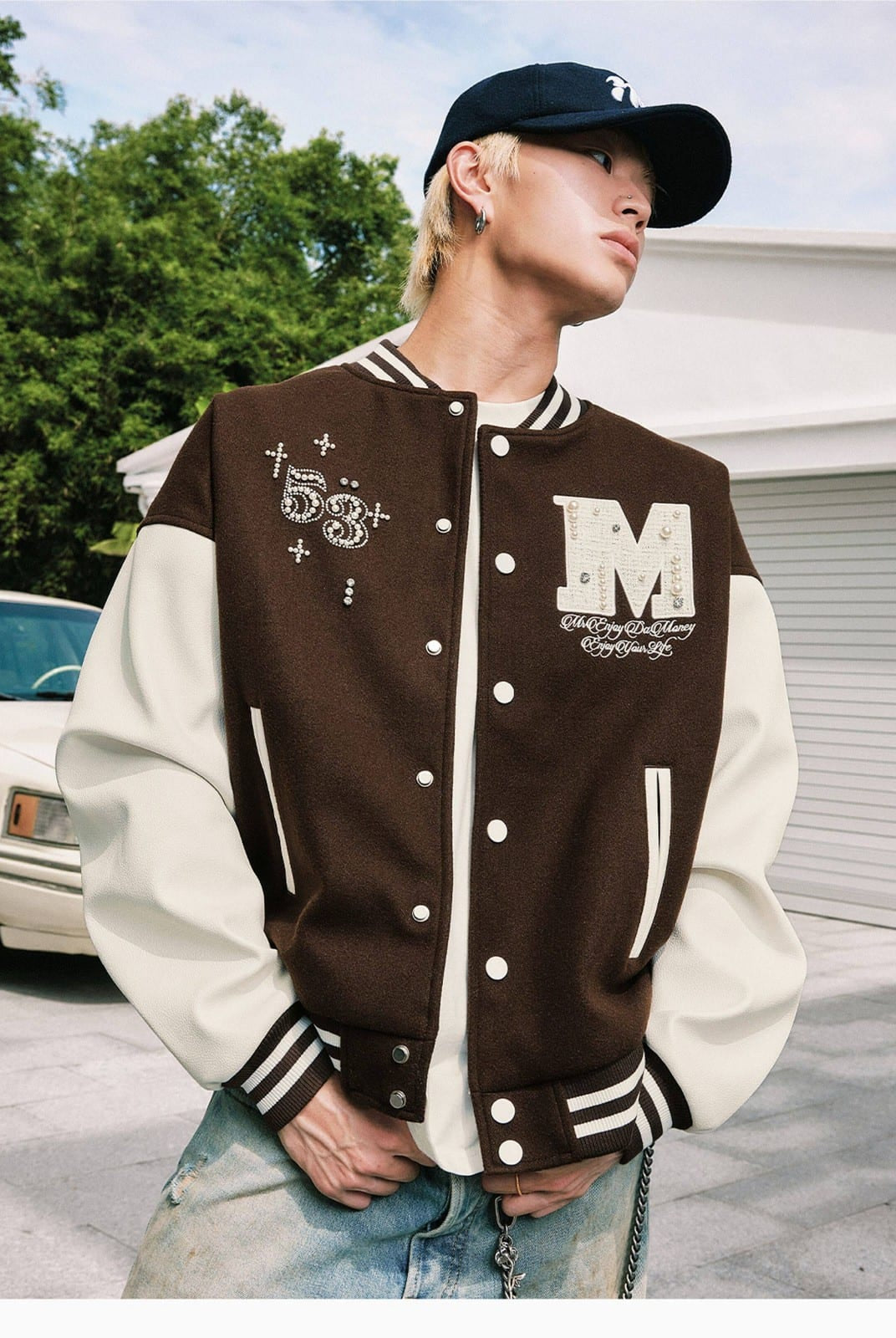 MEDM Pearl Embellished Varsity Jacket in Brown - On Male Model