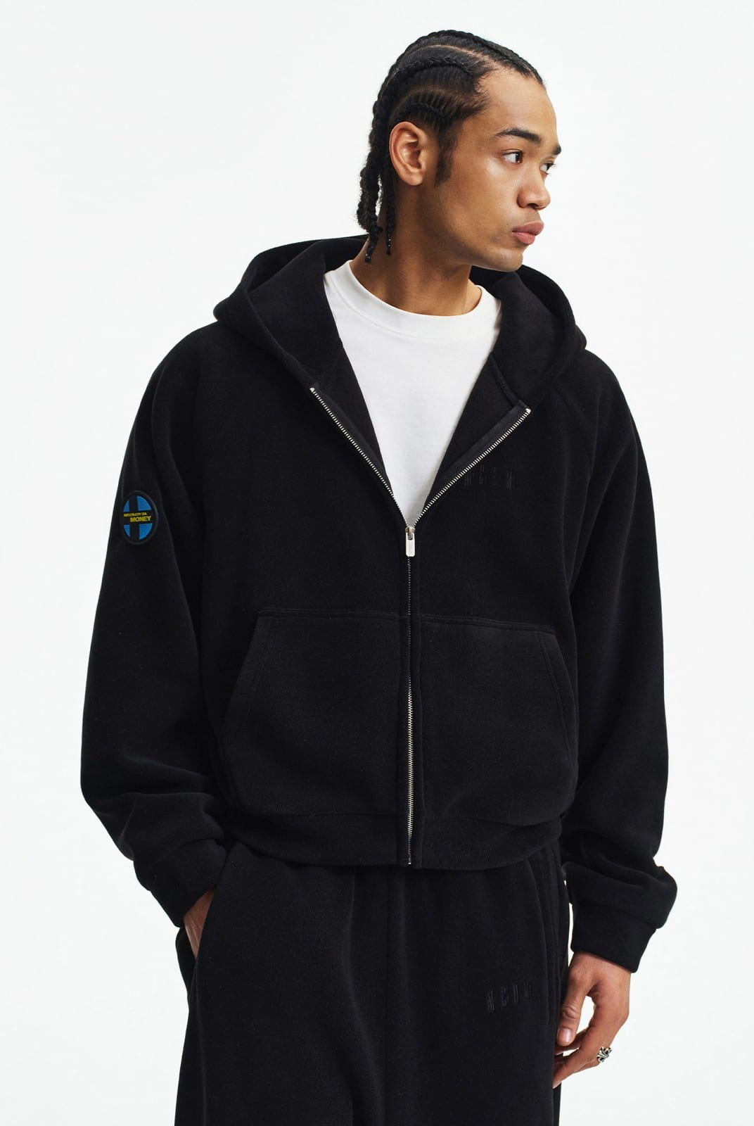 MEDM Fleece Zip Hoodie Drawstring Pants Set in Black - On Male Model