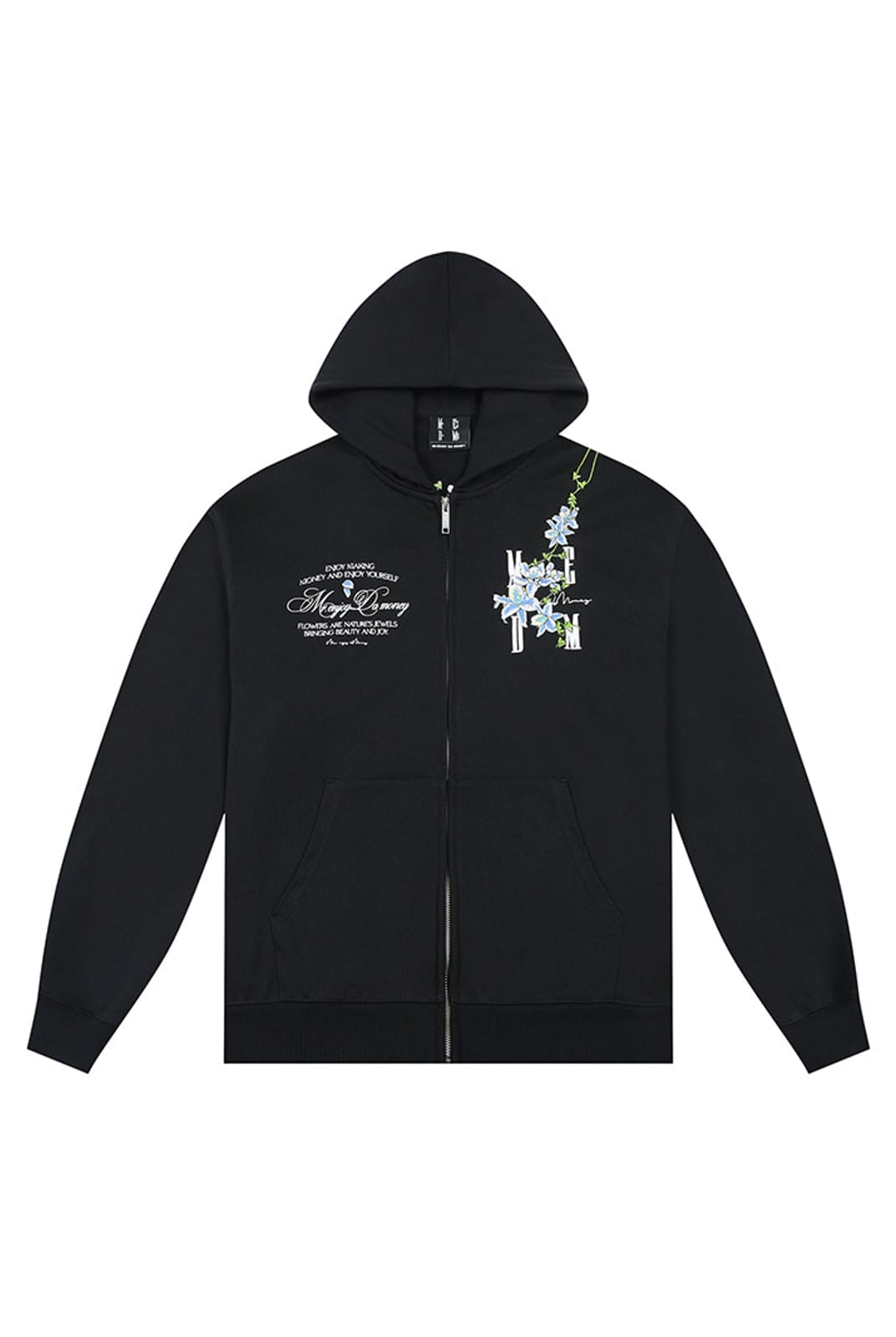 MEDM Floral Embroidered Zip Up Hoodie in Black