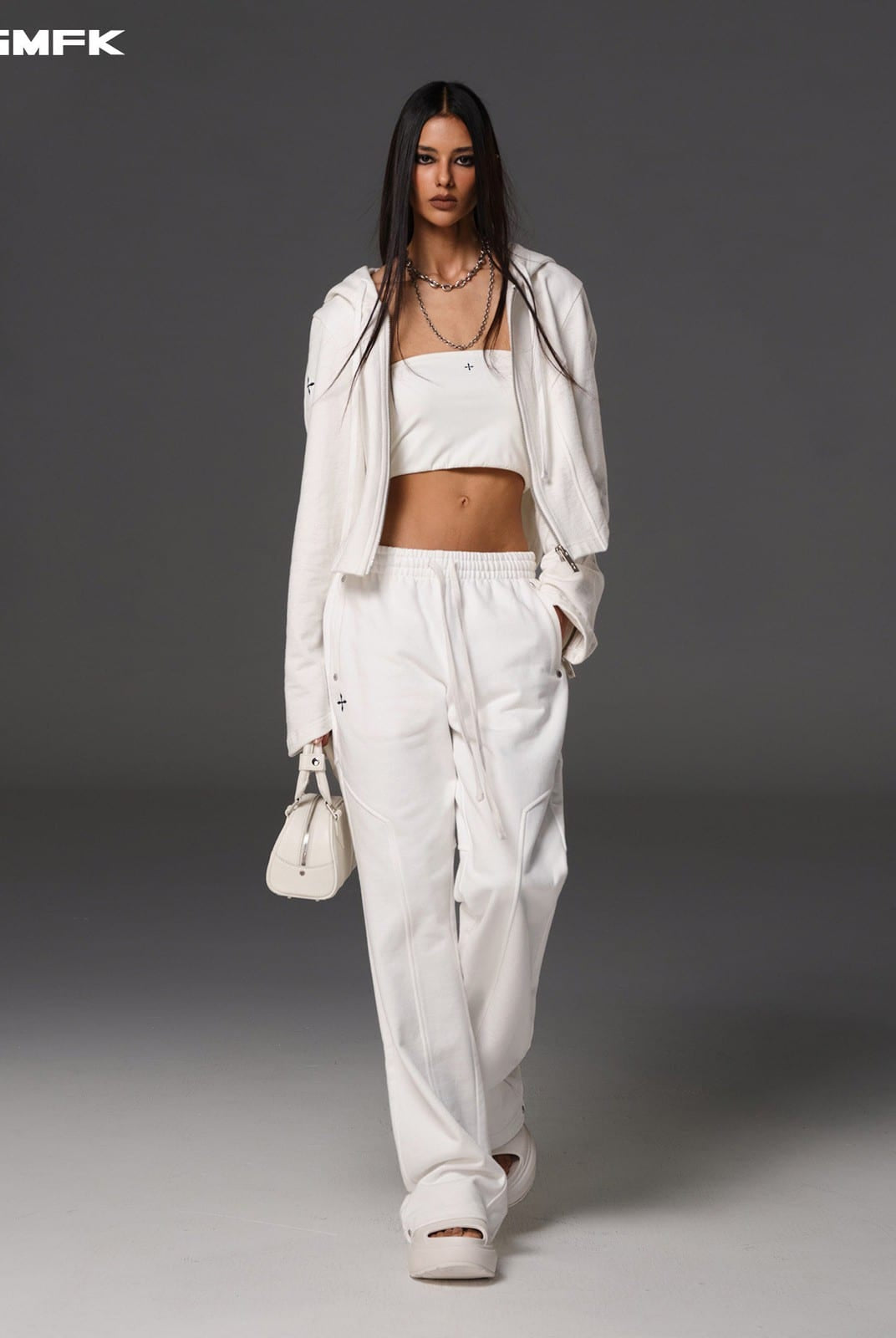 SMFK Cotton Wool Straight Leg Sweatpants in White - On Female Model
