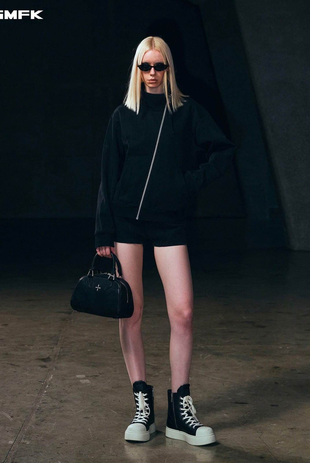 SMFK Asymmetric Zip Cotton Track Jacket in Black - On Female Model