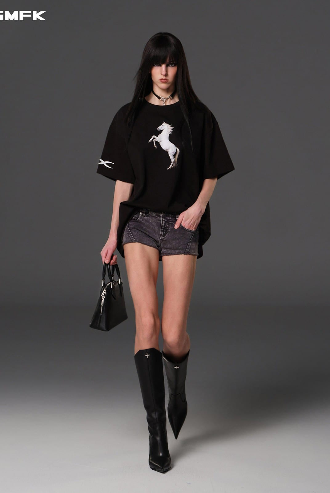 SMFK Heavyweight Cotton Horse Print T Shirt in Black - On Female Model