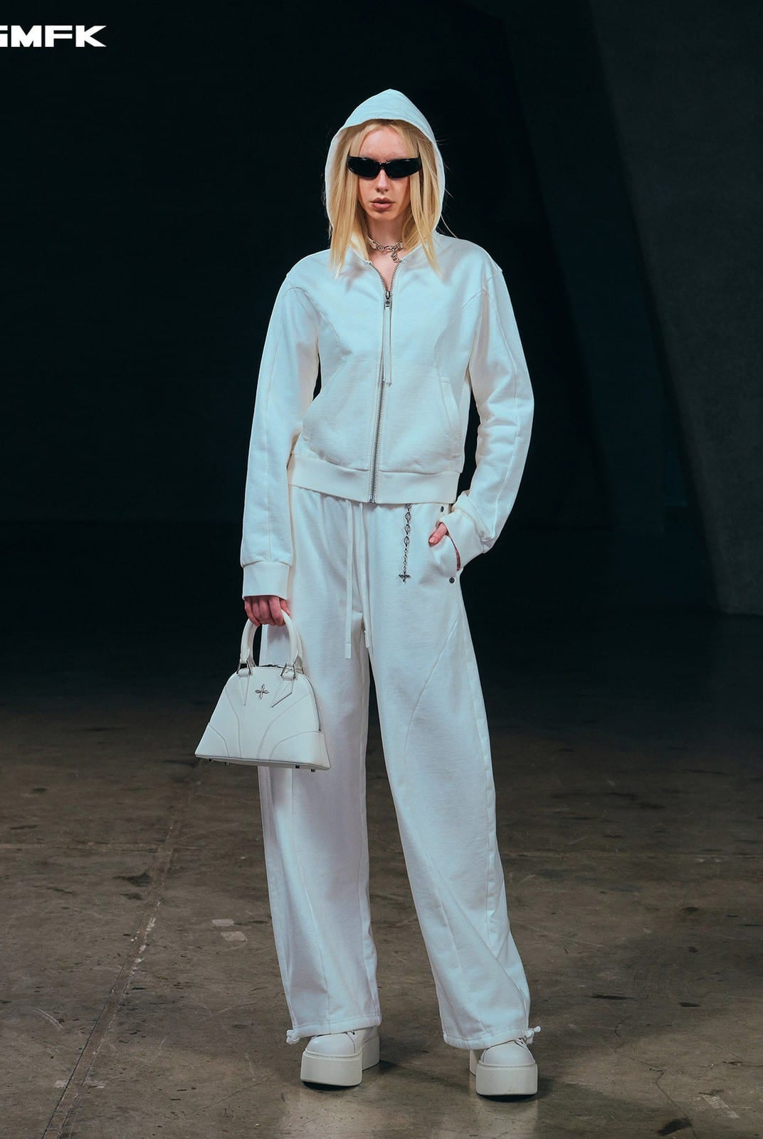 SMFK Embroidered Cropped Zip Up Hoodie in White - On Female Model
