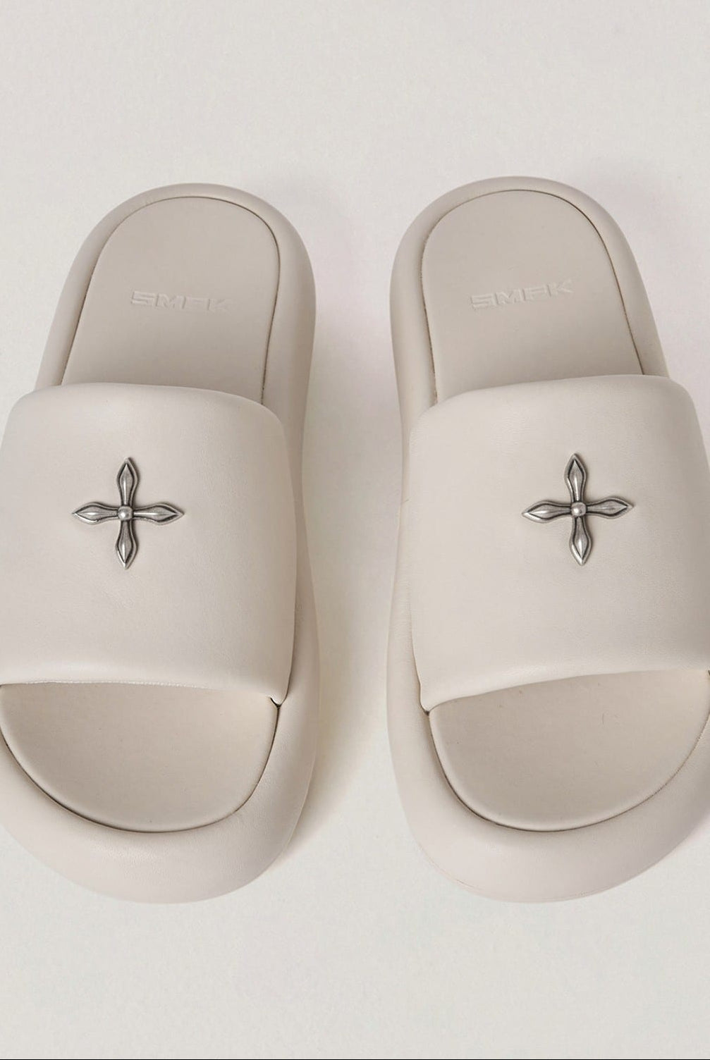 SMFK Cowhide Leather Cross Hardware Slides in Cream