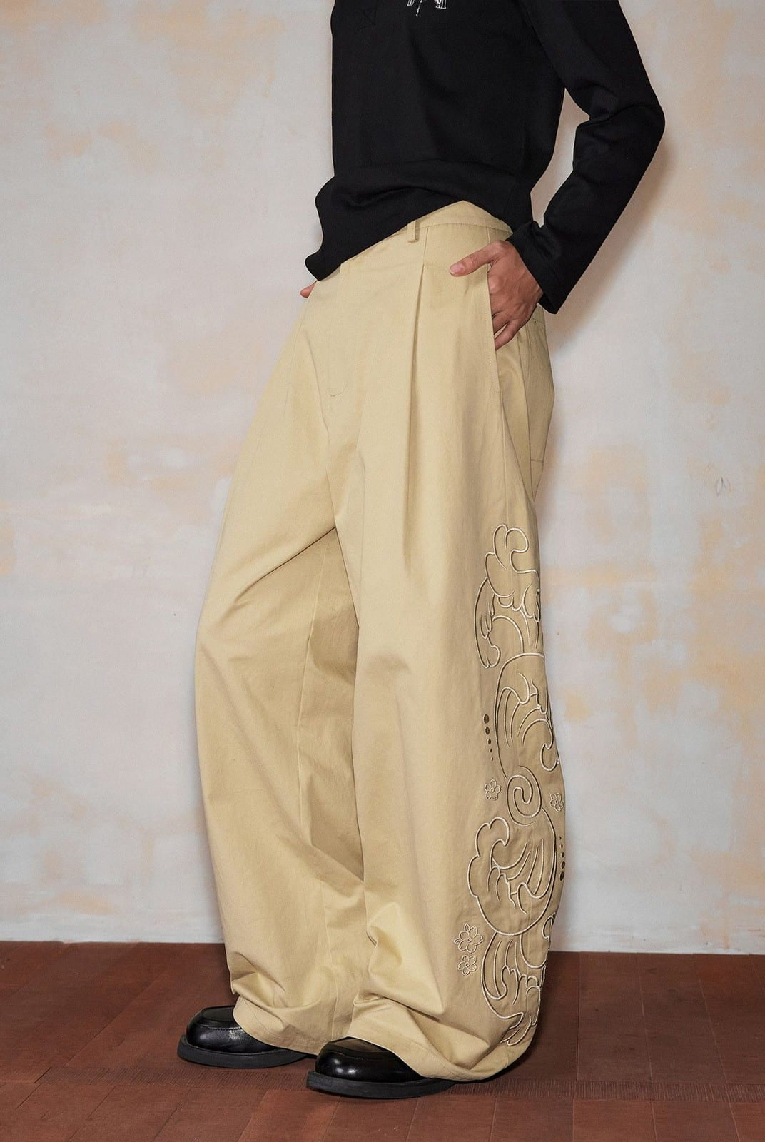 MEDM Embroidered Cotton Cargo Pants in Beige - On Model